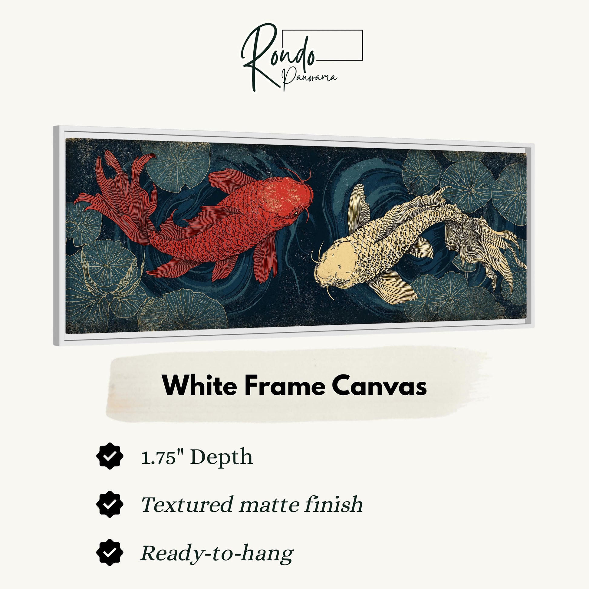 a white frame canvas with a painting of two koi fish, one red and one yellow, swimming in a blue and green water background.
