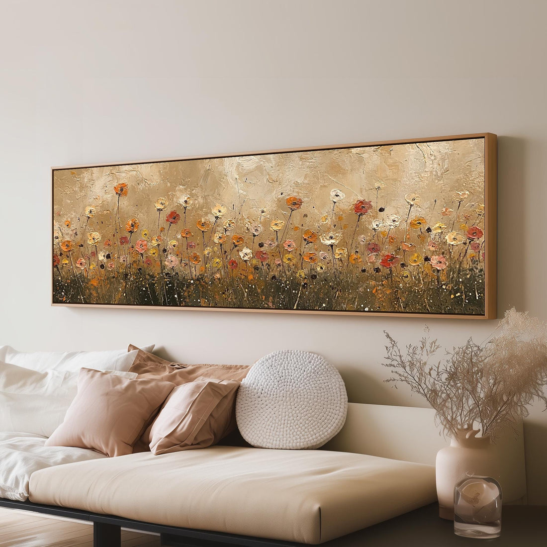 Golden wildflower field long horizontal canvas print above a sofa in a living room