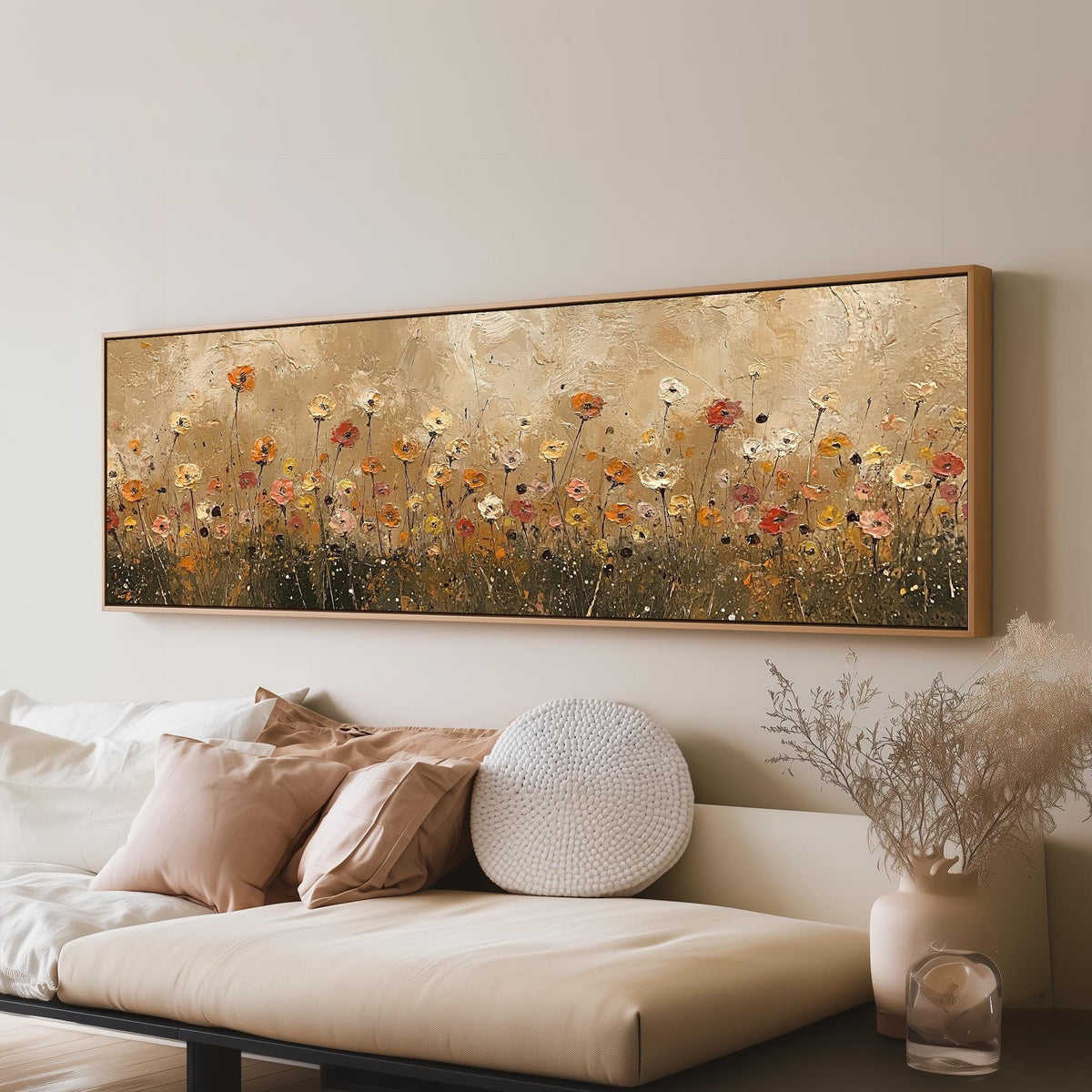 Golden wildflower field panoramic canvas print above a sofa in a living room
