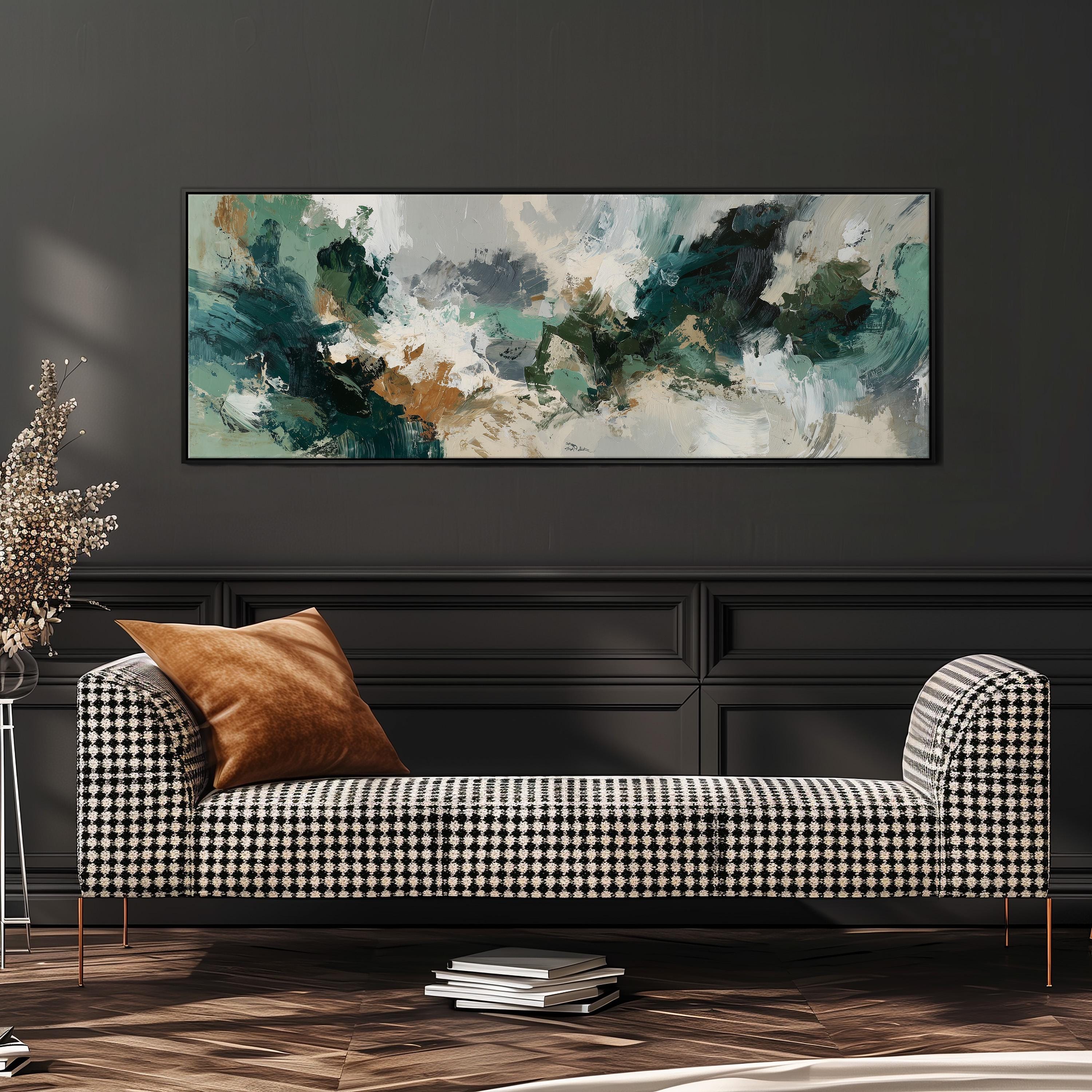 a modern living room with a black and white checkered sofa, a large abstract painting on the wall, and a stack of books on the floor.