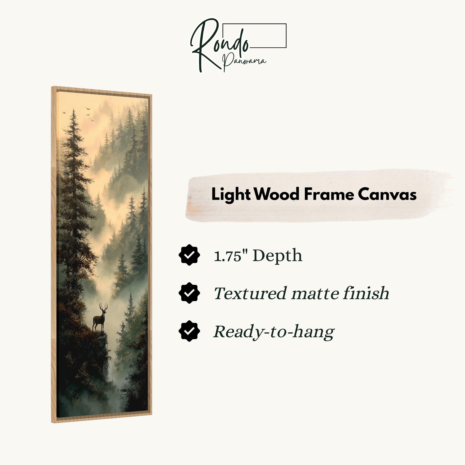 The image is a light wood frame canvas depicting a forest scene with a deer standing on a cliff.