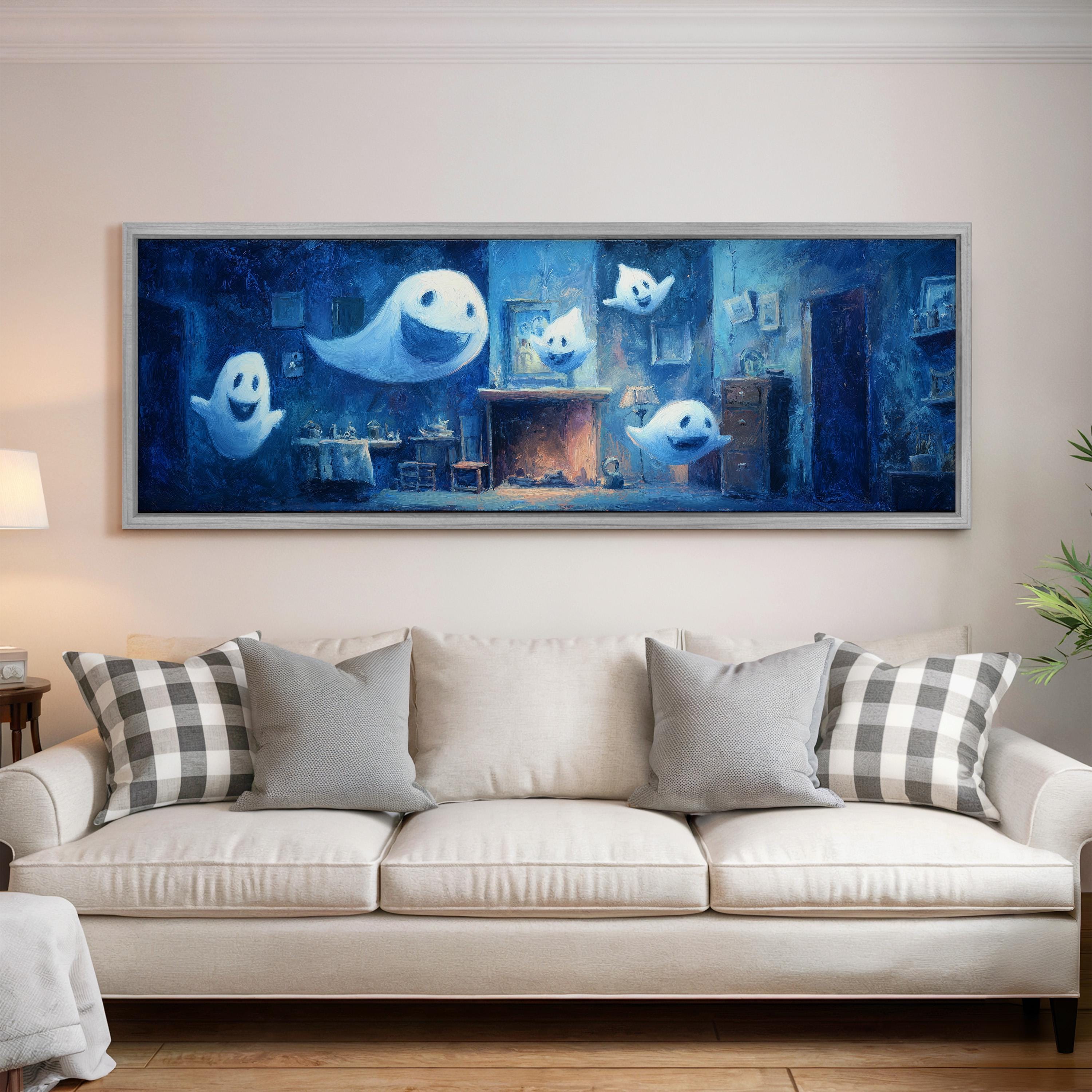 a large painting of ghostly figures floating in a dark room, with a fireplace and other furnishings visible.