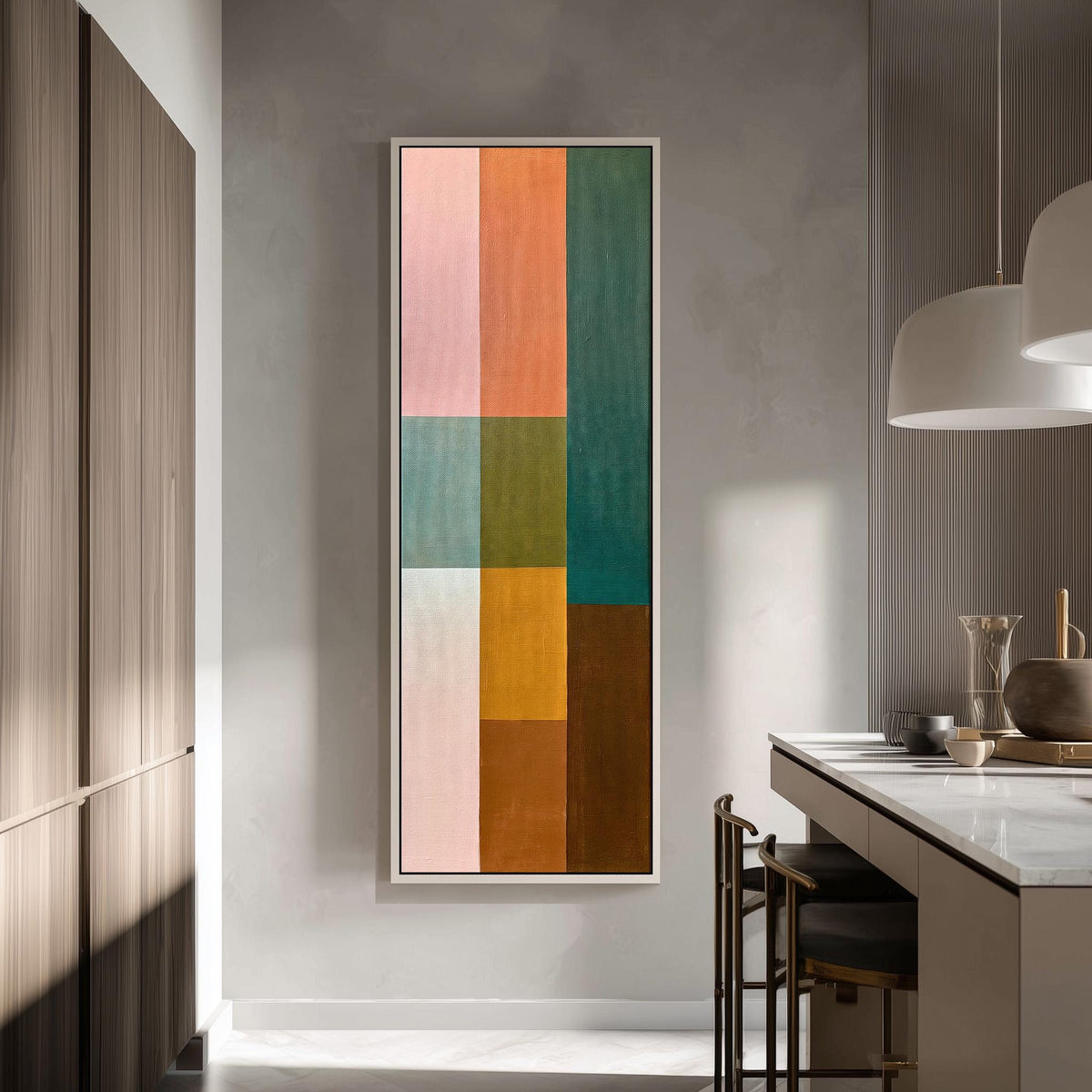 Pastel and earth tone color block grid tall skinny canvas print in a modern kitchen