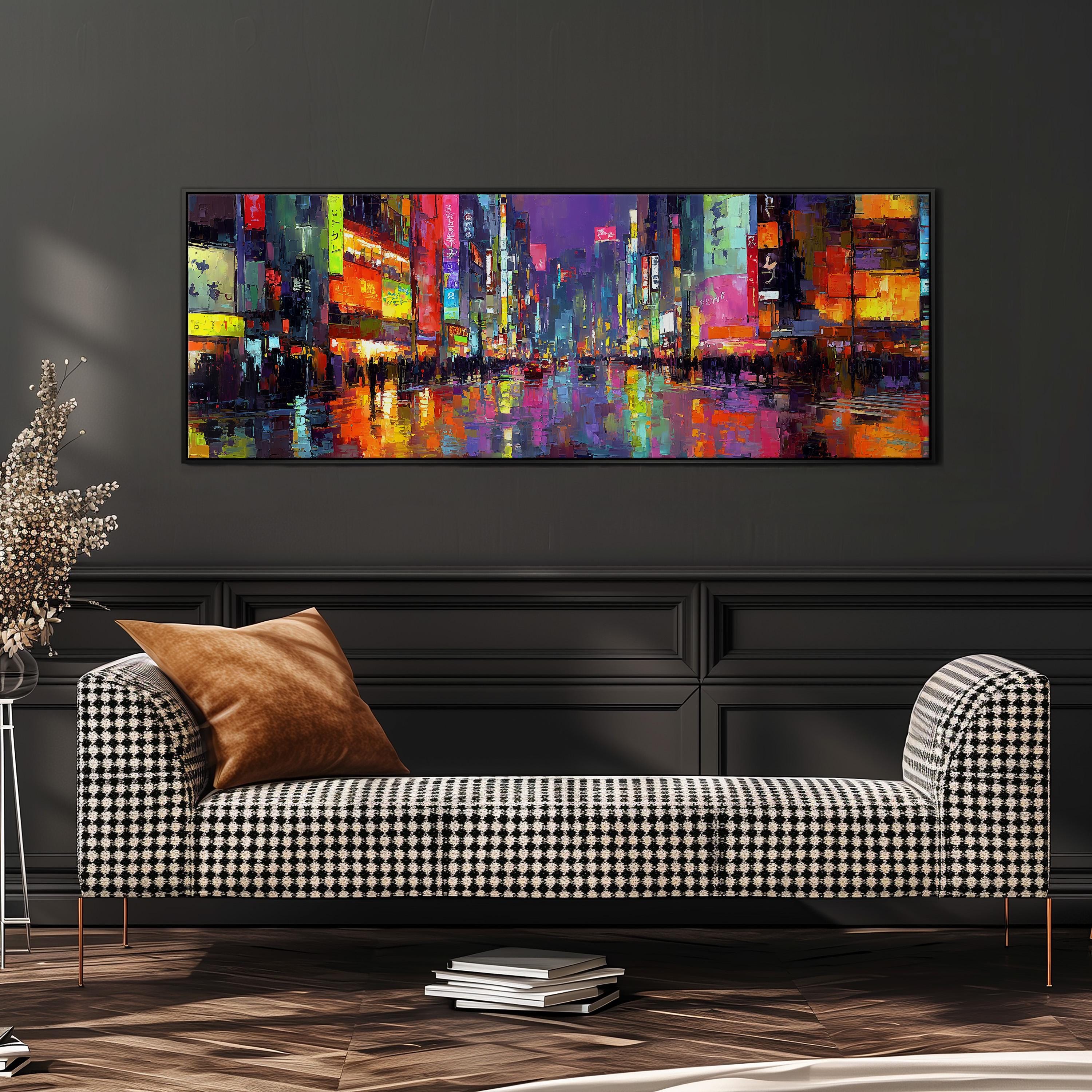 a large, colorful painting of a cityscape hanging on a wall above a black and white checkered sofa.