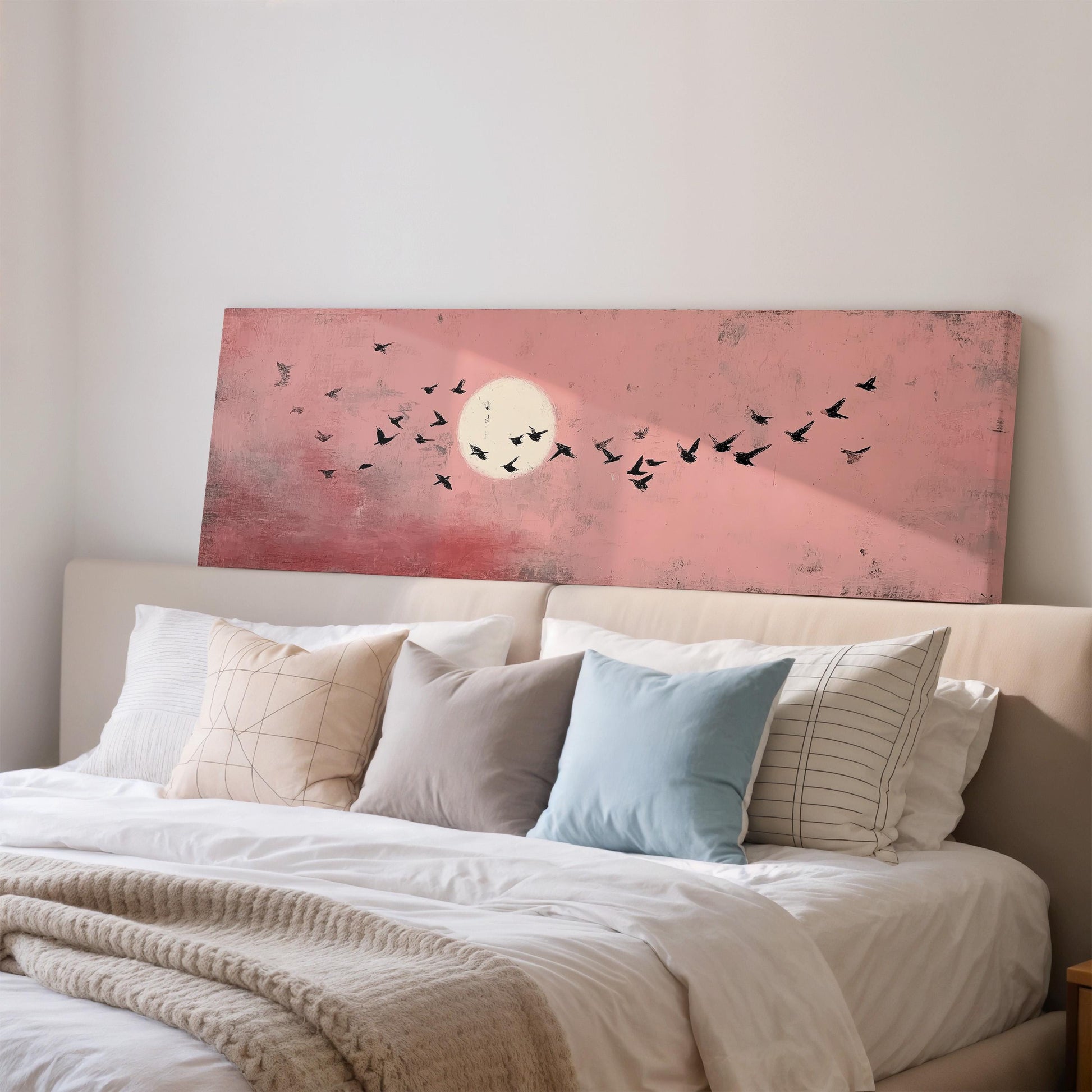 a large, colorful painting of a flock of birds against a pink and red background, hanging on the wall above a bed with white pillows and a gray blanket.
