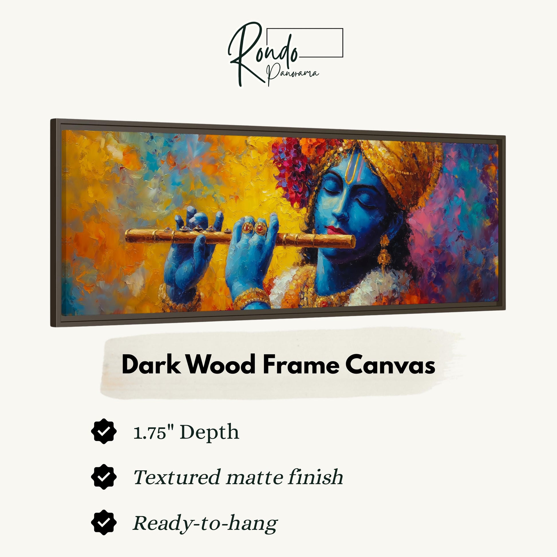 The image is a framed painting depicting a blue-skinned man playing a flute.