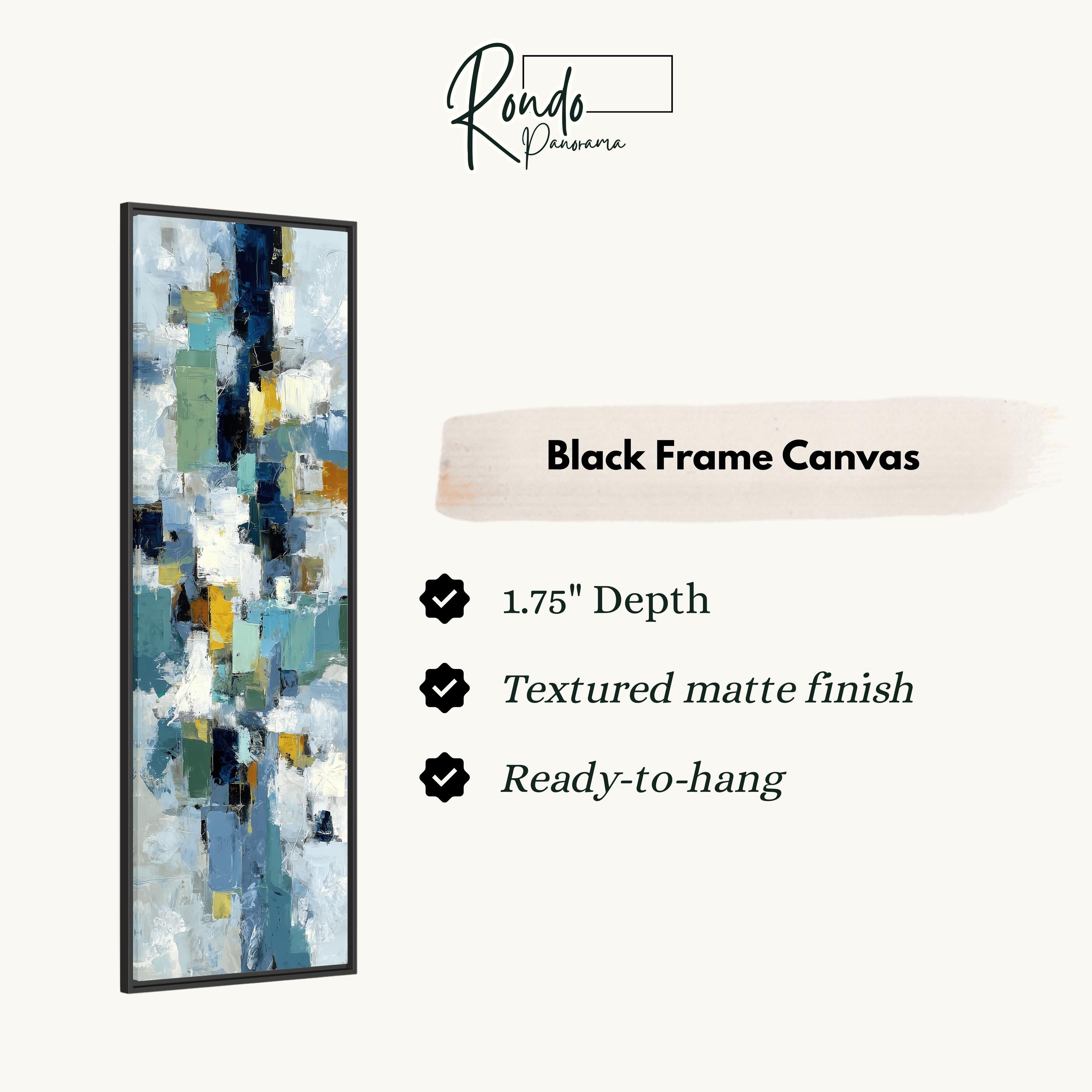 The image is a product advertisement for a black frame canvas. It features a large abstract painting with a variety of colors and textures, and provides details about the product, including its dimensions, finish, and hanging capabilities.