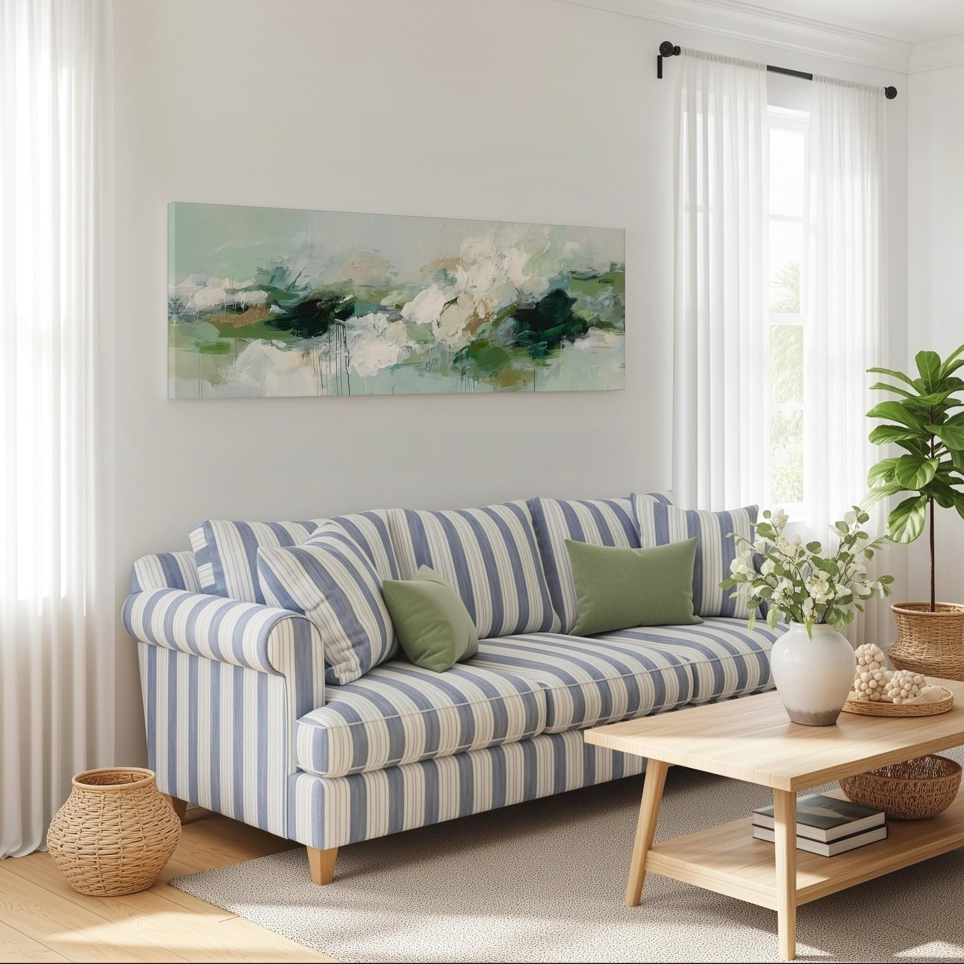 a cozy living room with a striped blue and white sofa, a wooden coffee table, and a large abstract painting on the wall.