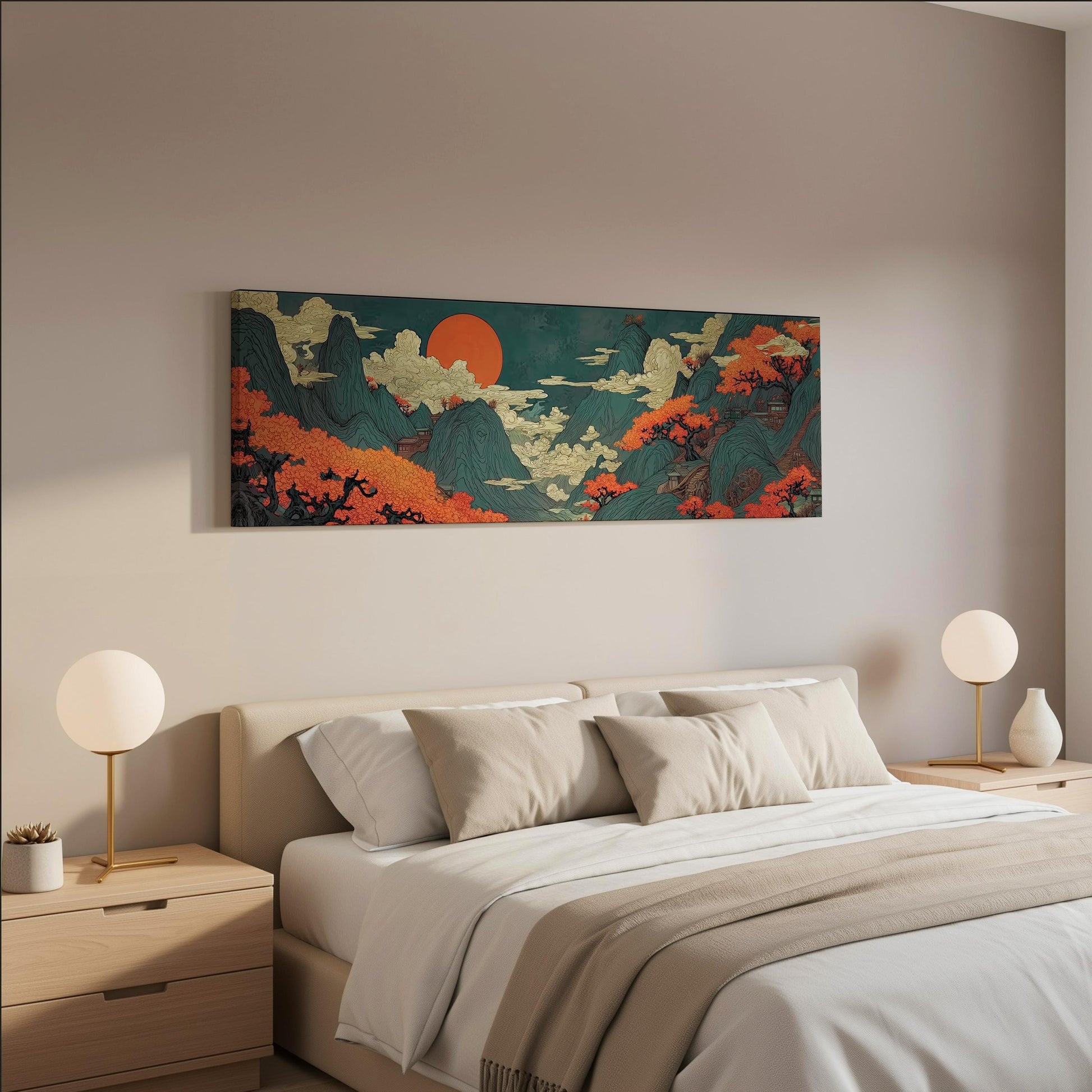 a serene bedroom scene with a large bed adorned with white linens and beige pillows. Above the bed, a large painting of a mountainous landscape with a red sun is displayed on the wall. The room is decorated with two white lamps on nightstands, and the overall color scheme is predominantly white and beige, creating a calm and peaceful atmosphere.