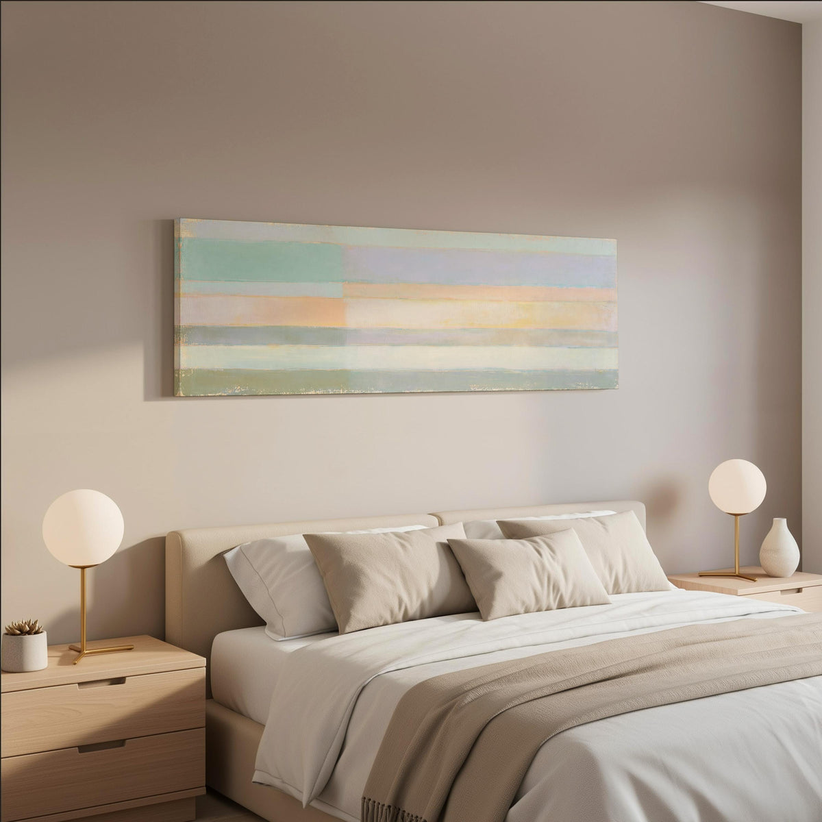 Mint, lavender and peach pastel bands wide panoramic canvas print above a bed in a neutral bedroom