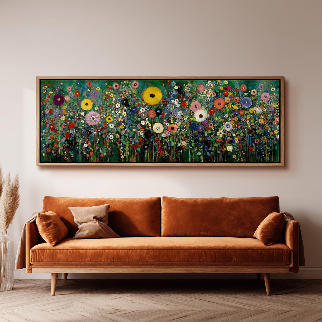 a large, vibrant painting of a colorful flower field hanging on a wall above a brown sofa.