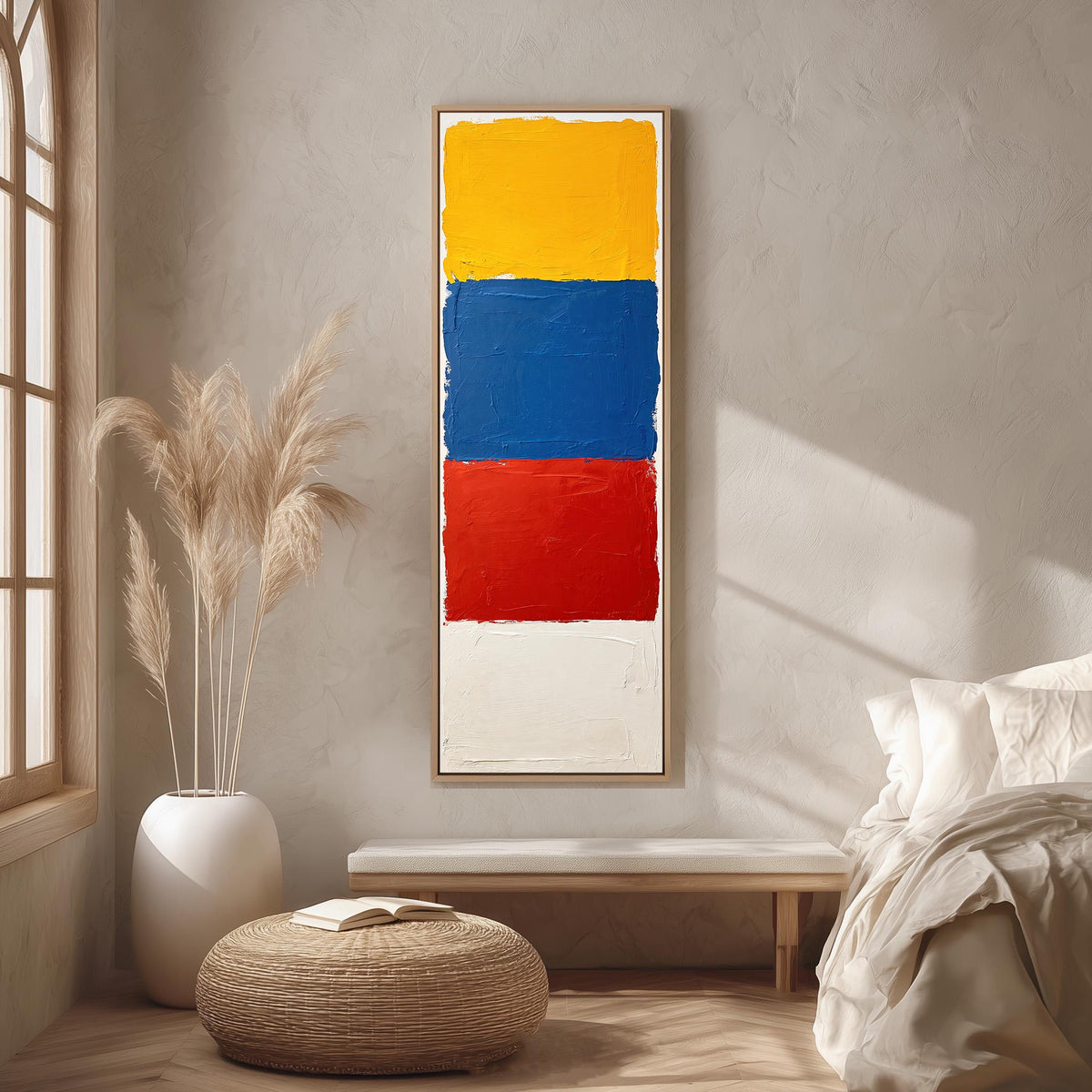 Color field blocks in yellow, blue and red long vertical canvas print in a bright reading corner
