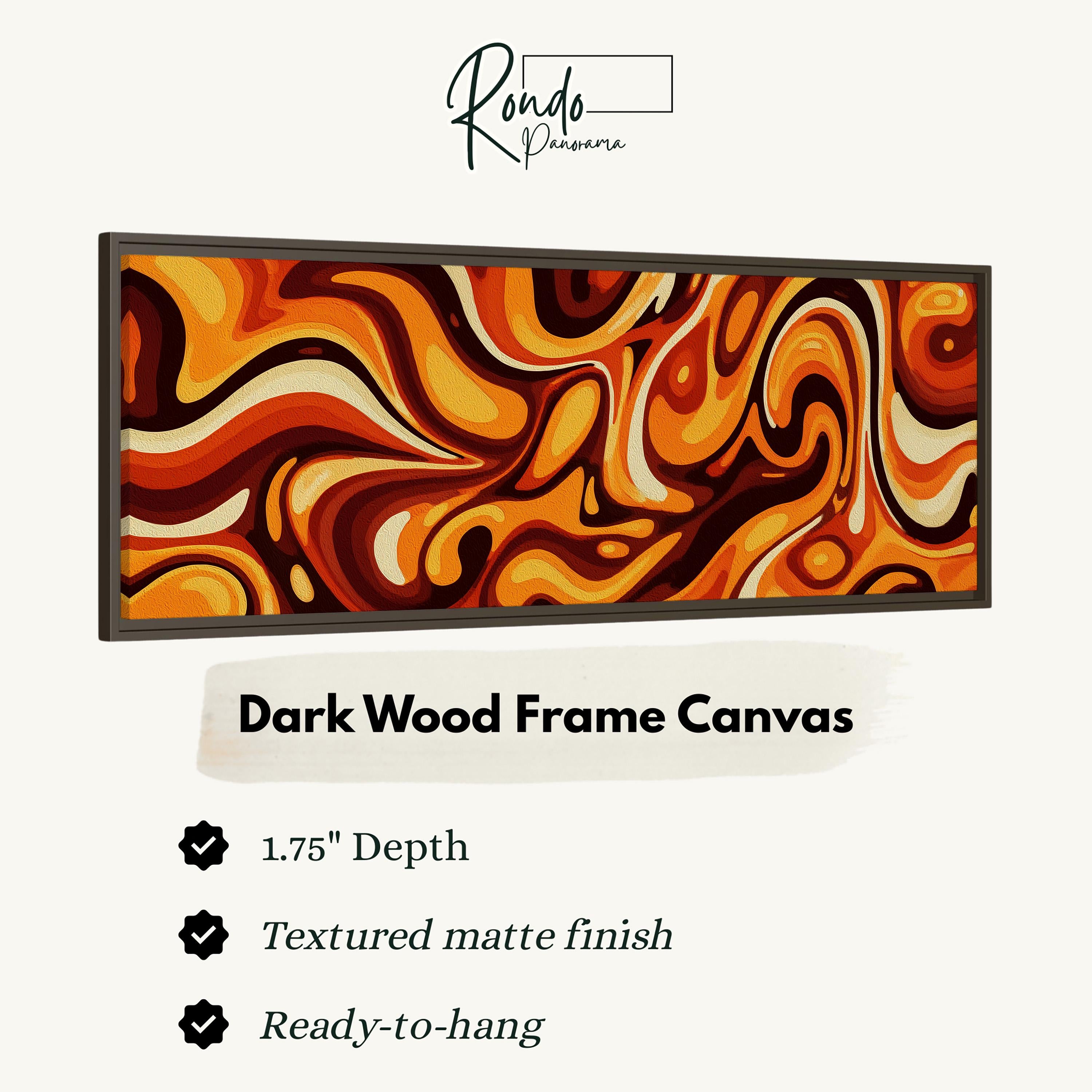 The image is a product advertisement for a dark wood frame canvas. It features a vibrant abstract painting with swirling orange and brown colors. The advertisement highlights the canvas's 1.75" depth, textured matte finish, and ready-to-hang feature.