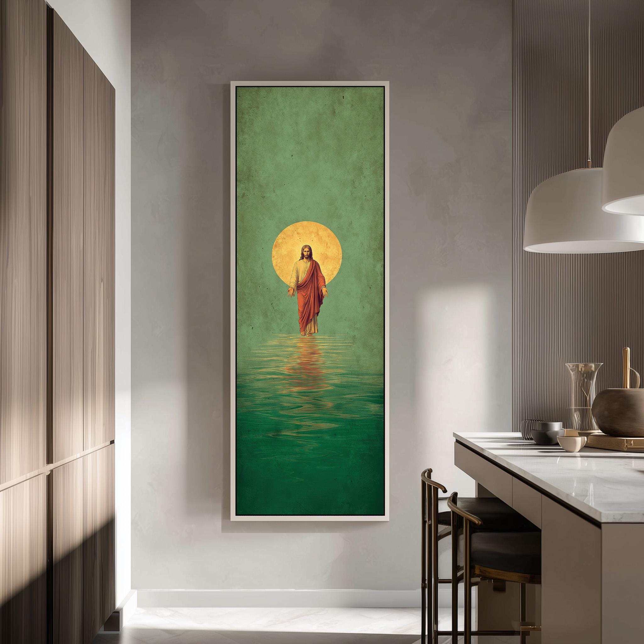 a large framed painting of Jesus Christ standing in water, with a yellow sun in the background.