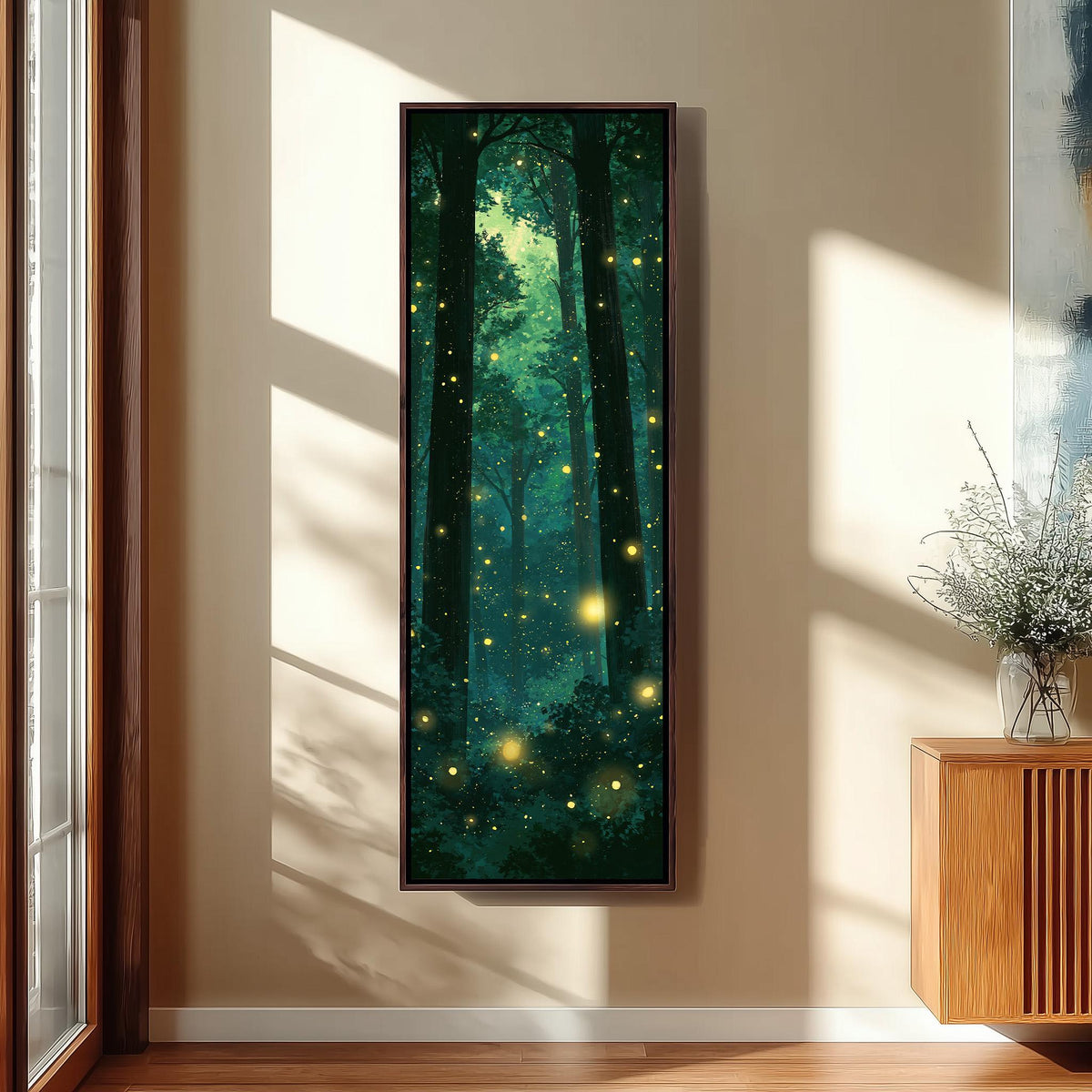 Fireflies glowing in a dark teal forest tall narrow canvas print beside a staircase in an entryway