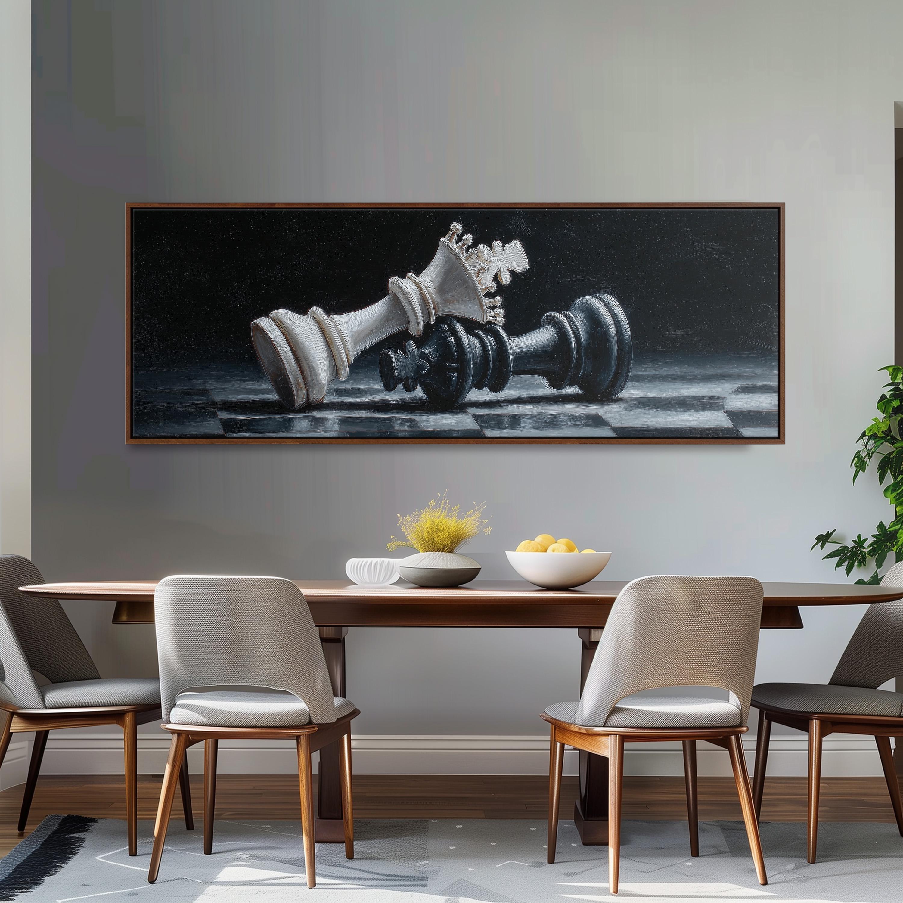 a large painting of a chess king and queen on a wall above a wooden dining table with four chairs.