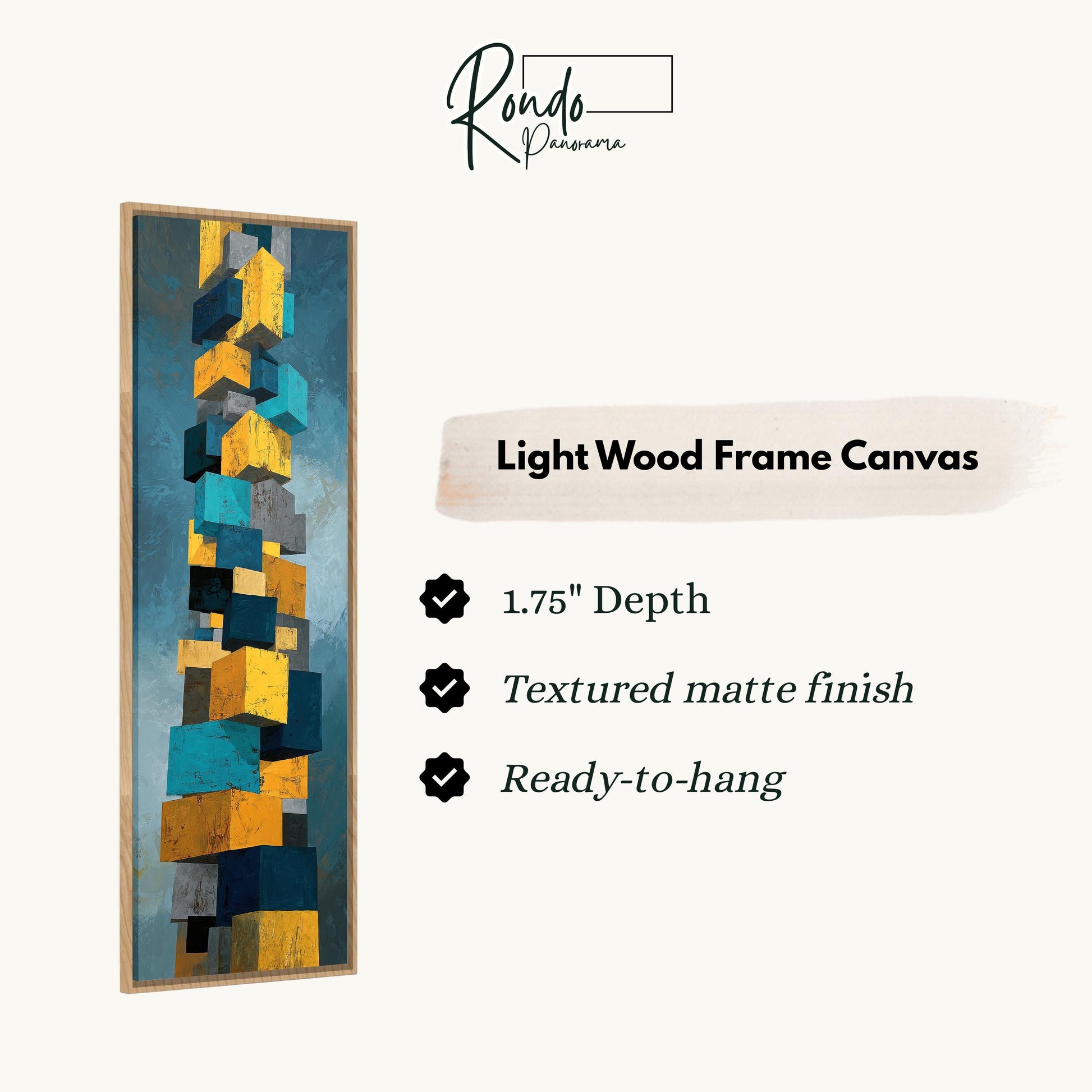 The image is a light wood frame canvas featuring a vibrant abstract painting with a geometric design of overlapping cubes in various shades of blue, yellow, and gray.