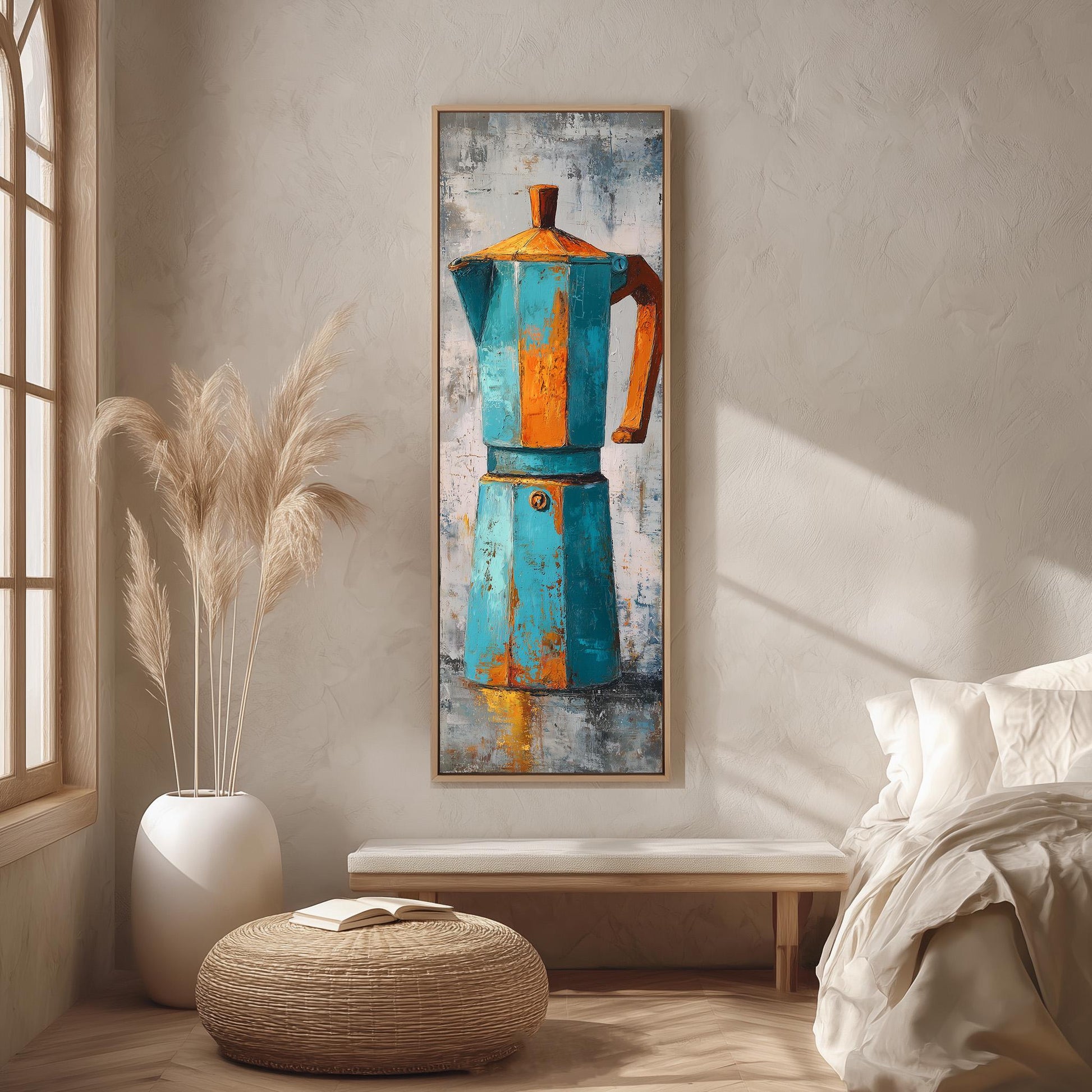 a large painting of a blue and orange coffee pot hanging on a wall in a cozy living room setting.