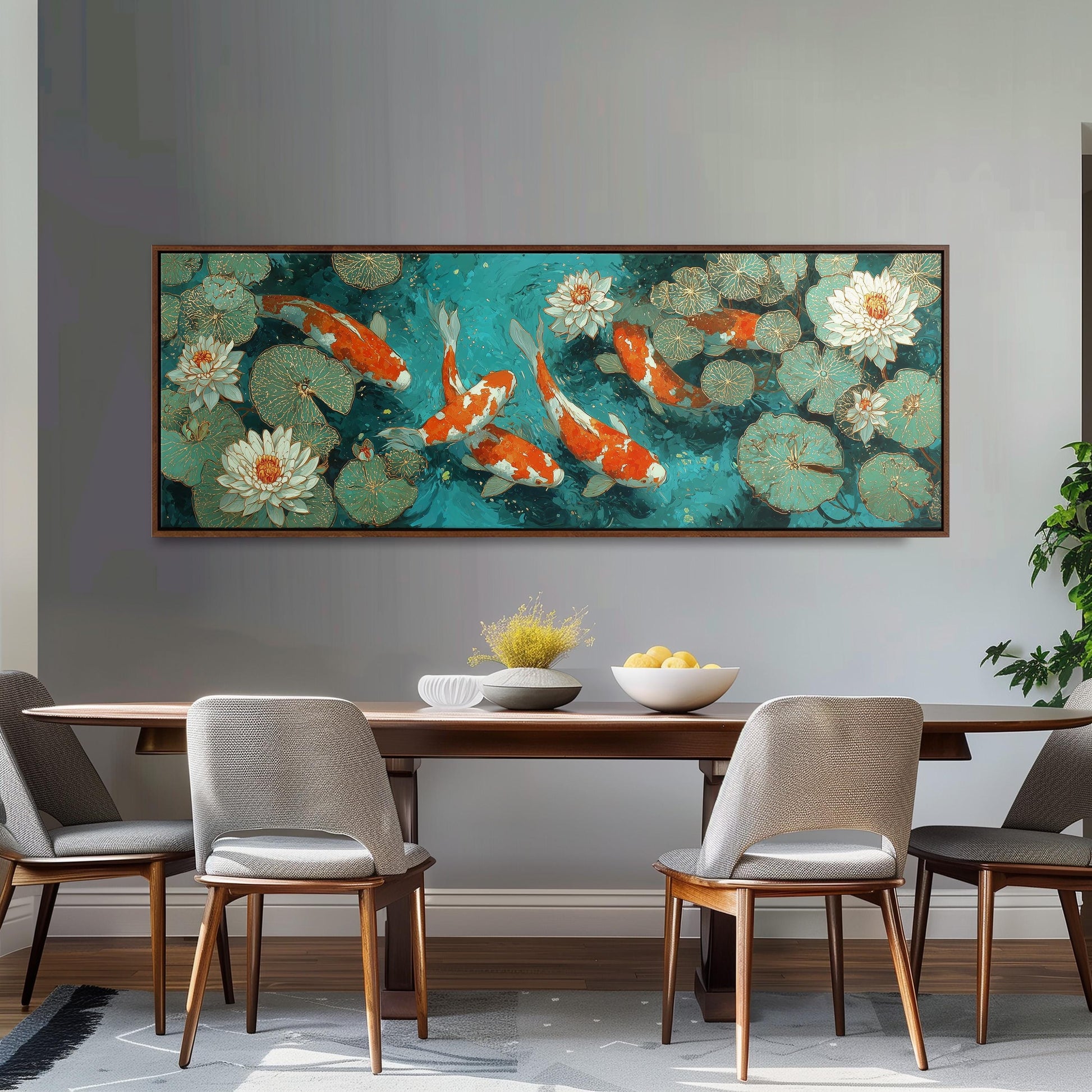 a dining room with a large painting of koi fish swimming in a pond above a wooden table with four chairs. The painting is framed and hangs on the wall above the table.
