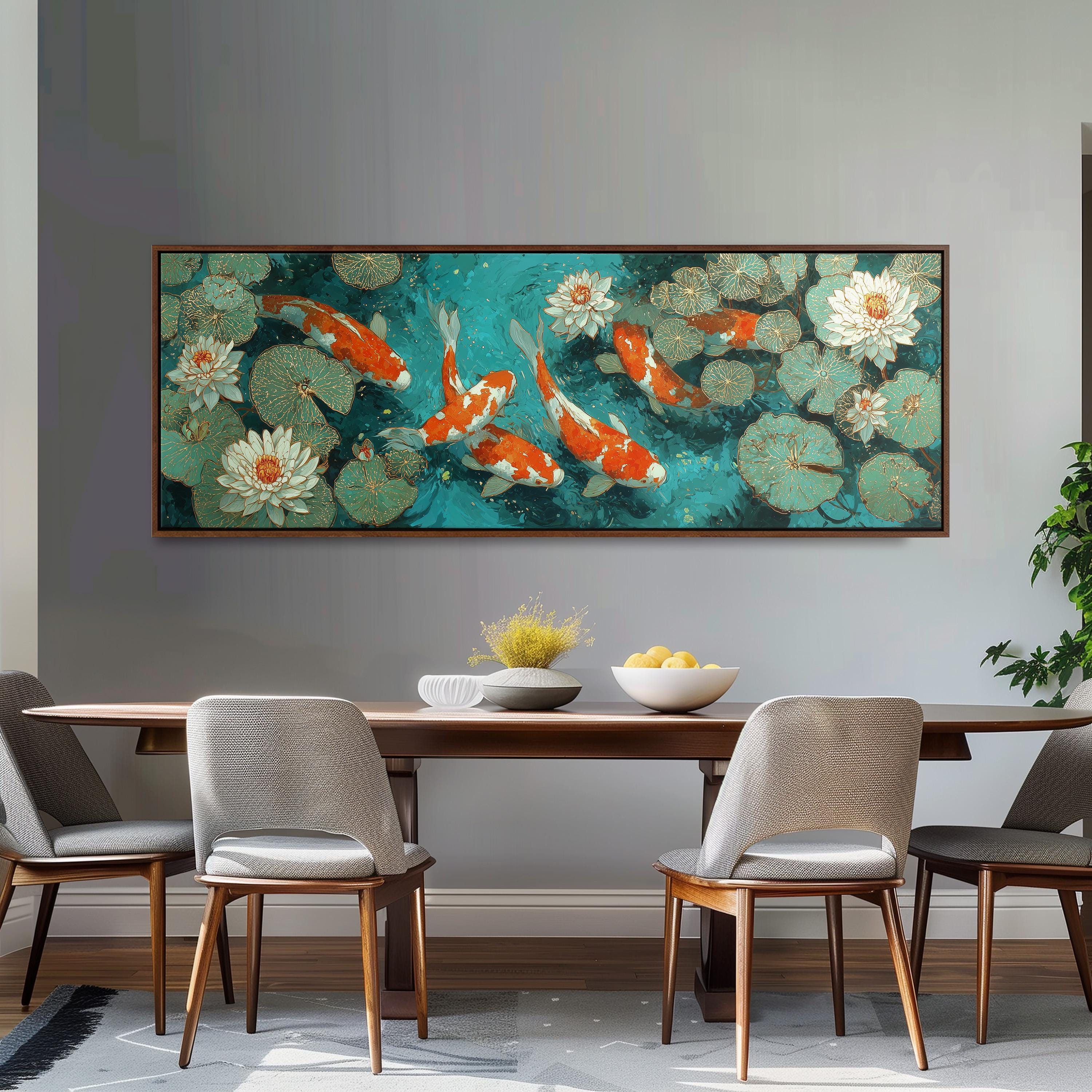a dining room with a large painting of koi fish swimming in a pond above a wooden table with four chairs. The painting is framed and hangs on the wall above the table.