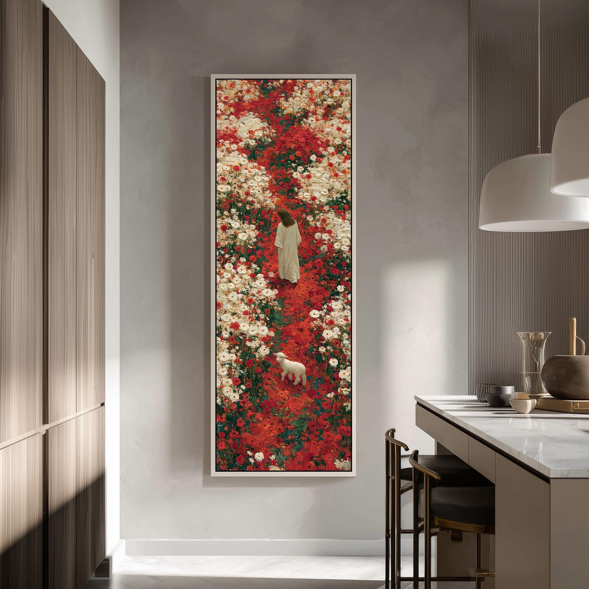 Jesus with a lamb in a red flower field tall skinny canvas print in a modern kitchen
