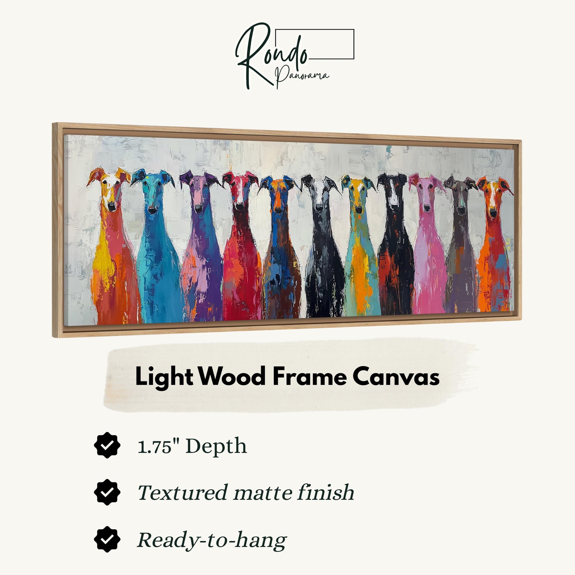a light wood frame canvas with a painting of a group of colorful dogs. The frame has a 1.75" depth and is textured with a matte finish. It is ready to hang.