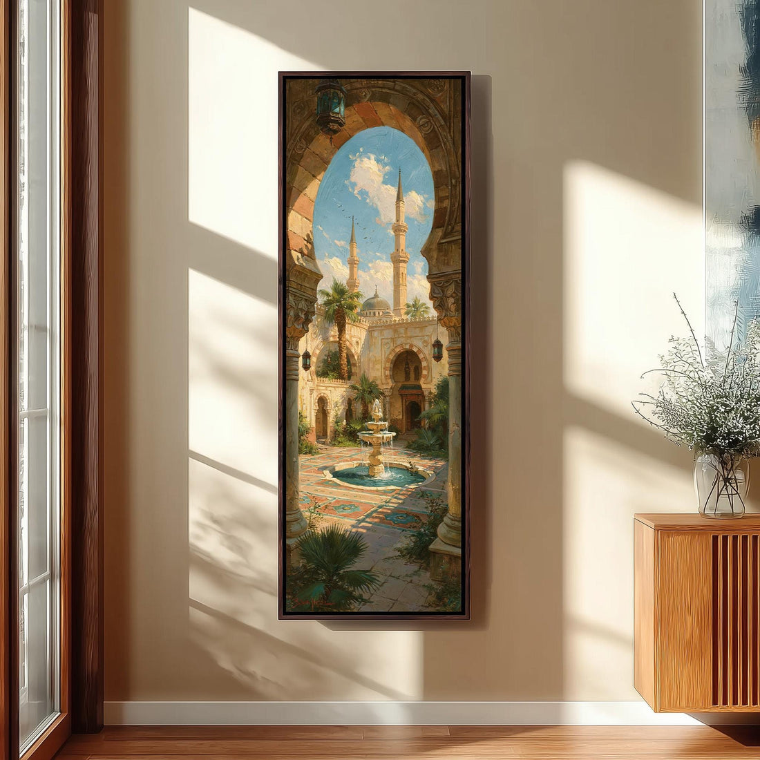 Mosque courtyard fountain seen through an arch long vertical canvas print in a sunlit living space