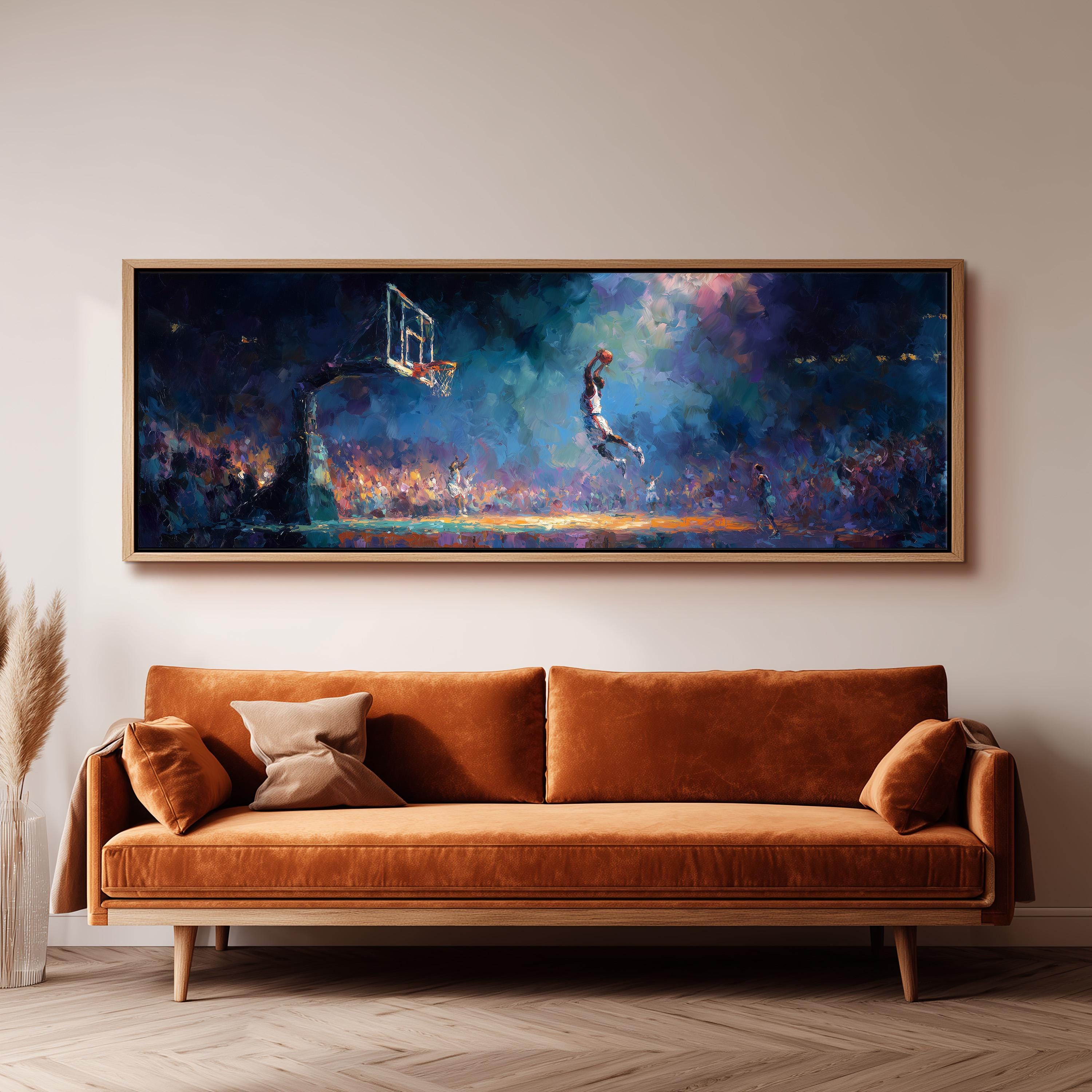 a large, vibrant painting of a basketball player jumping in the air, with a basketball hoop and a crowd of spectators in the background. The painting is hung on a wall above a brown sofa, creating a dynamic and energetic atmosphere in the room.