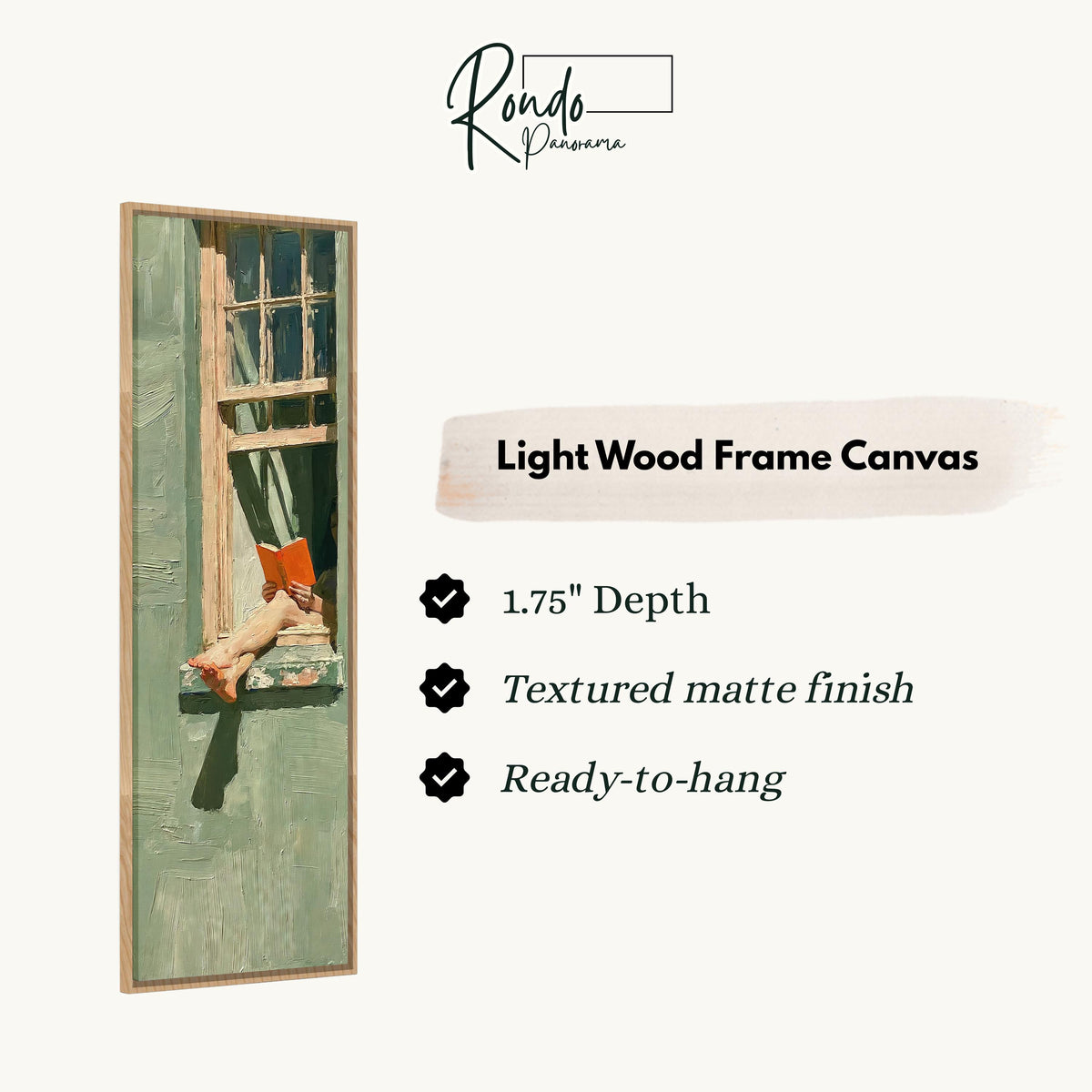 Woman reading in a sage green window canvas print in a light wood floating frame