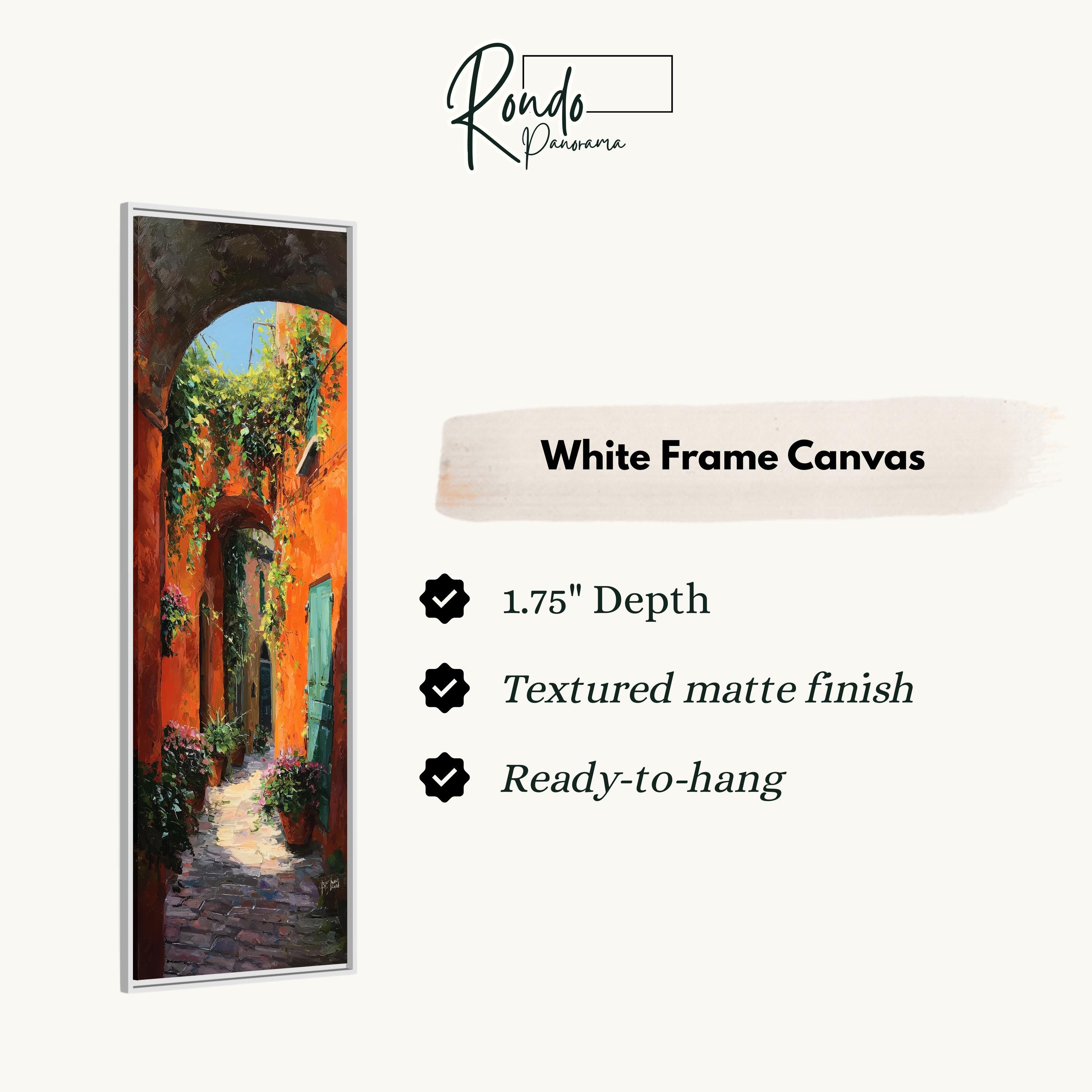 The image is a white frame canvas depicting a colorful, textured hallway with a doorway and plants.