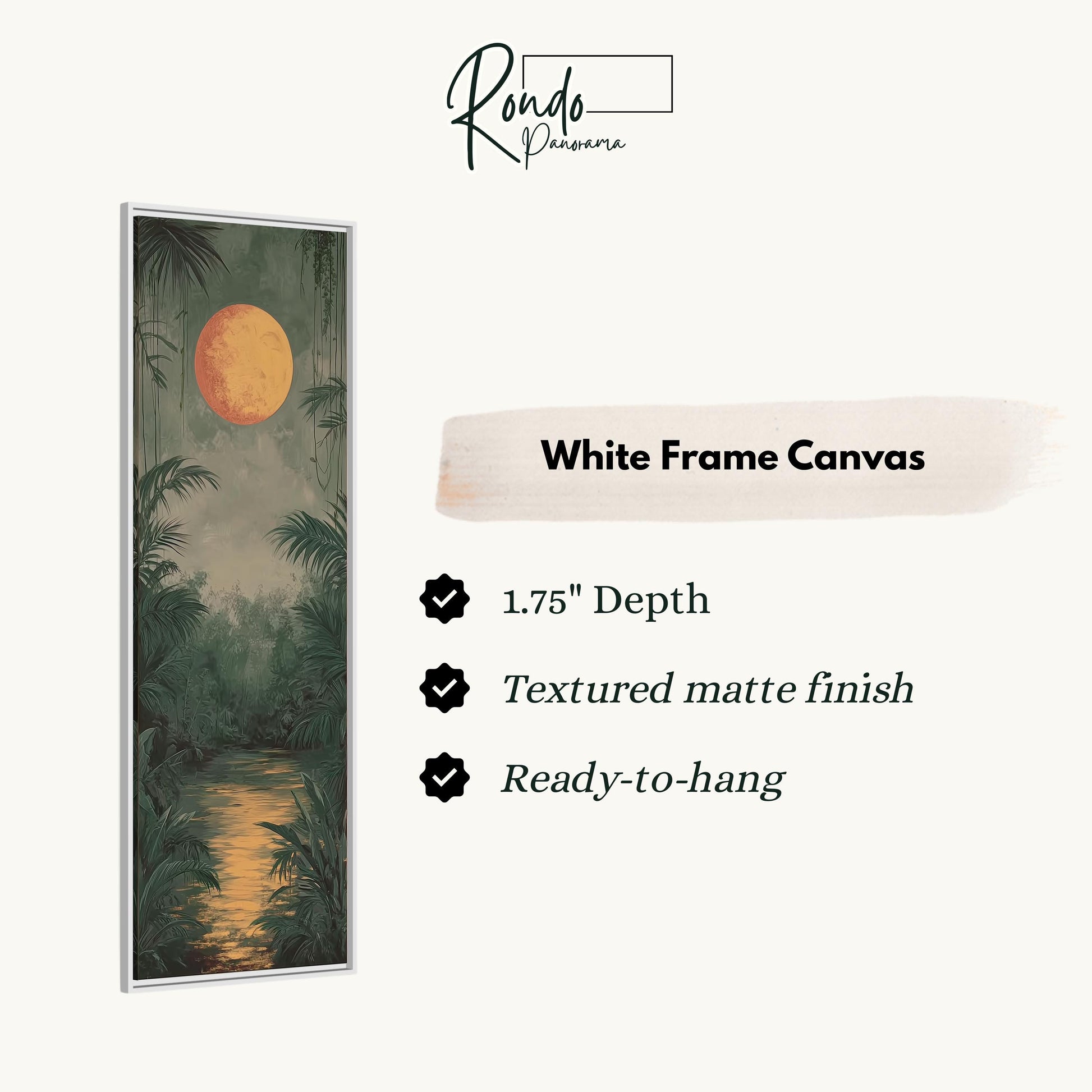 The image is a white frame canvas depicting a tropical jungle scene with a large orange moon in the sky.