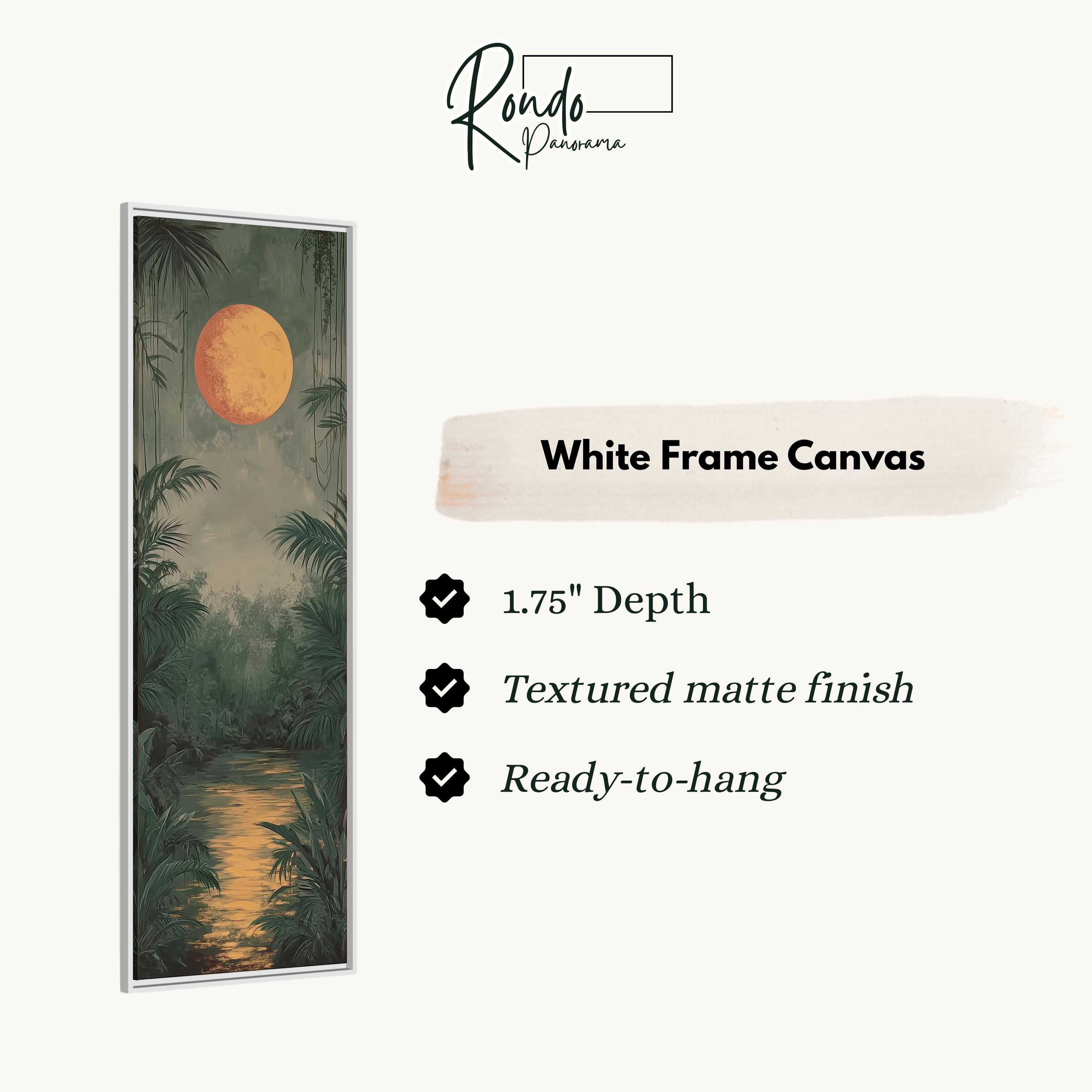 The image is a white frame canvas depicting a tropical jungle scene with a large orange moon in the sky.