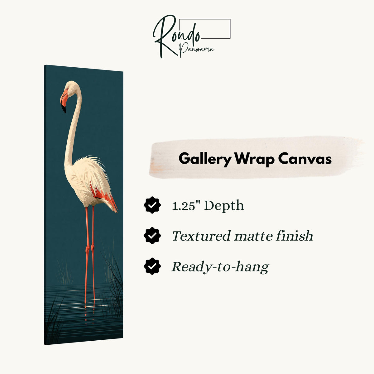 Pale flamingo standing on dark teal gallery wrap canvas with the image wrapped around the edges