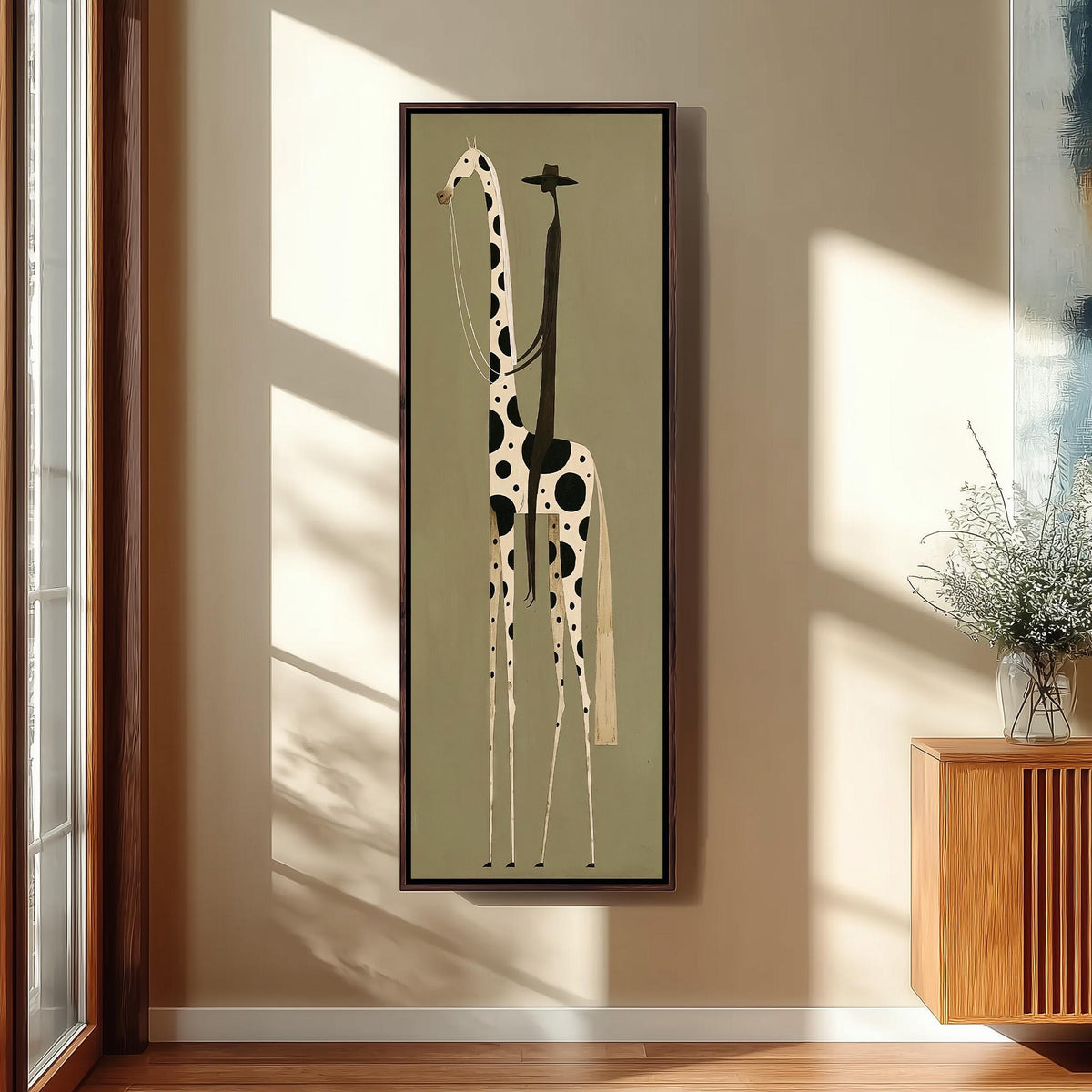 Tall spotted giraffe with a tiny rider tall skinny canvas print in a sunlit living space