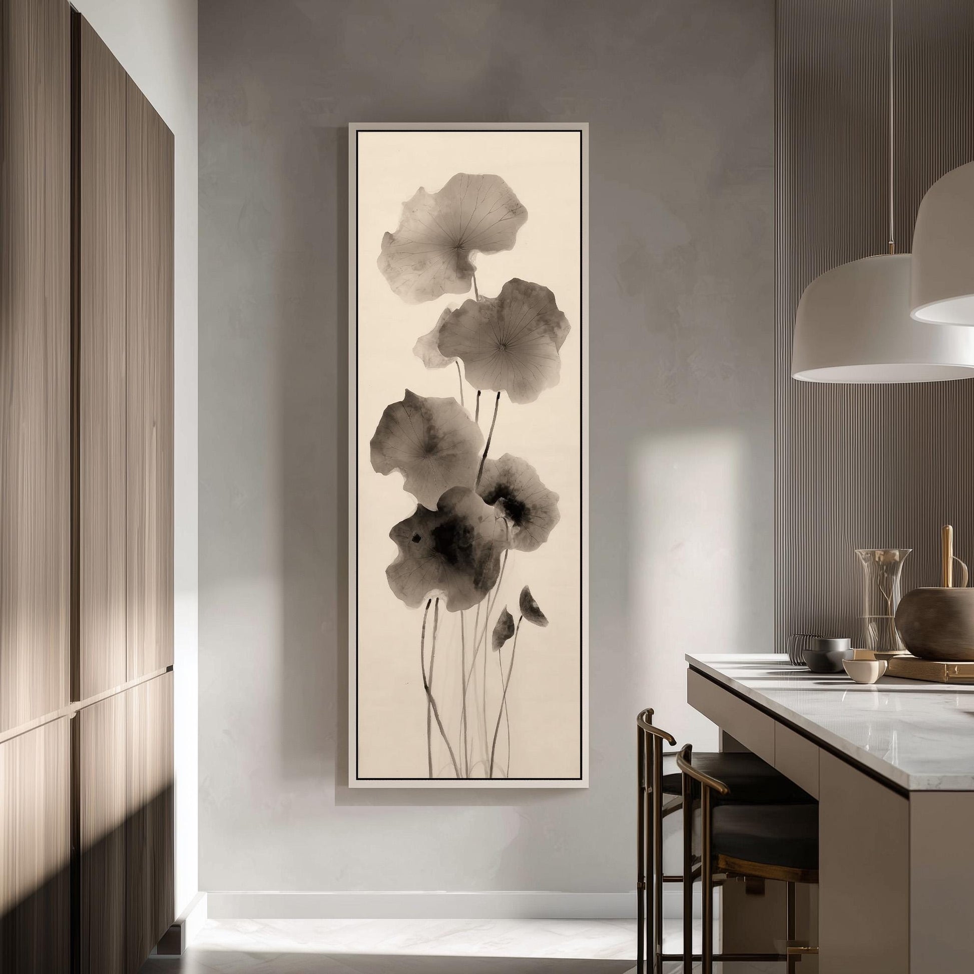 a modern kitchen with a large framed artwork of flowers hanging on the wall.