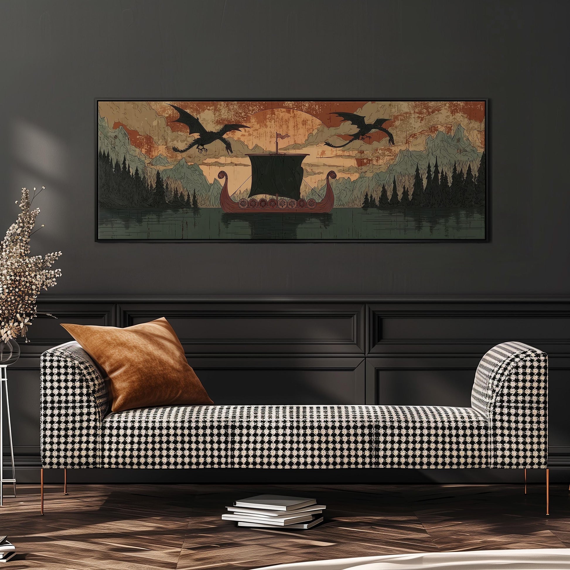 a large, colorful painting of a ship sailing on a lake, with two dragons flying above it. The painting is displayed on a wall above a black and white checkered sofa, which is positioned in front of a bookshelf.