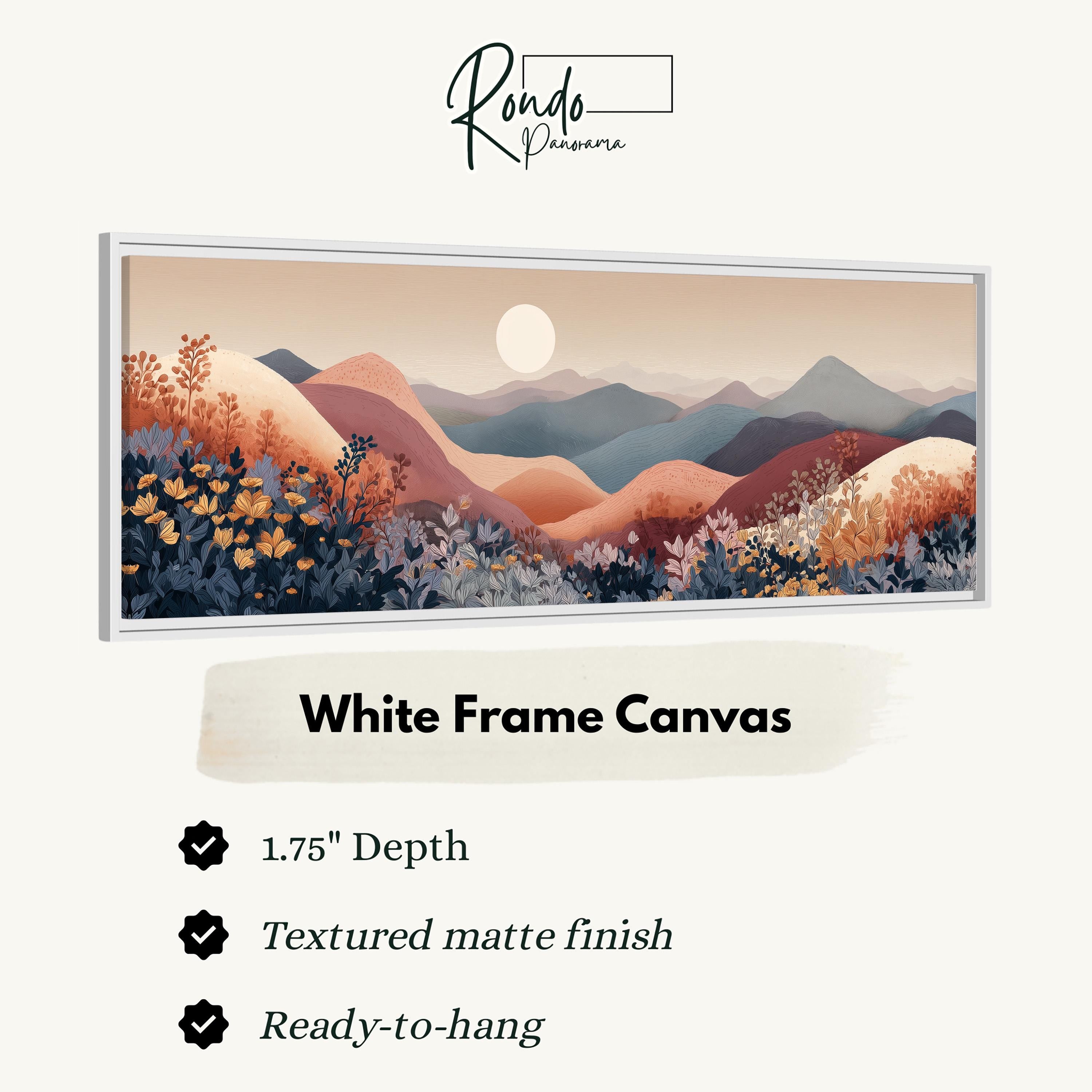 The image is a white frame canvas depicting a mountainous landscape with a full moon in the sky.