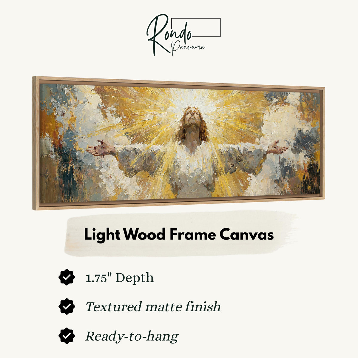 Risen Christ in golden light canvas print in a light wood floating frame