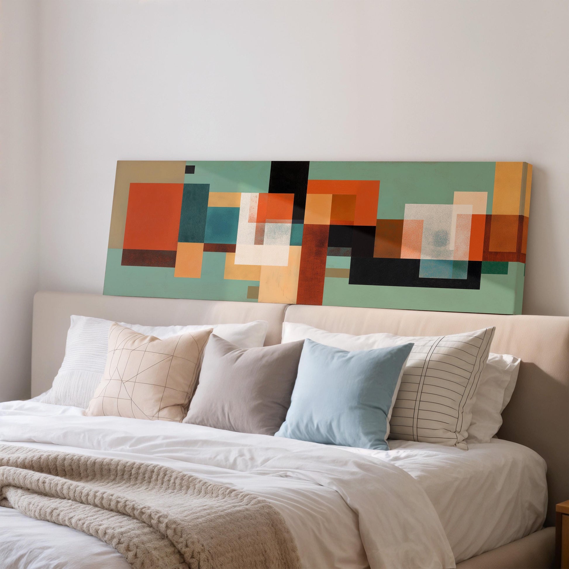 a large abstract painting hanging on a wall above a bed with white pillows and a gray blanket.