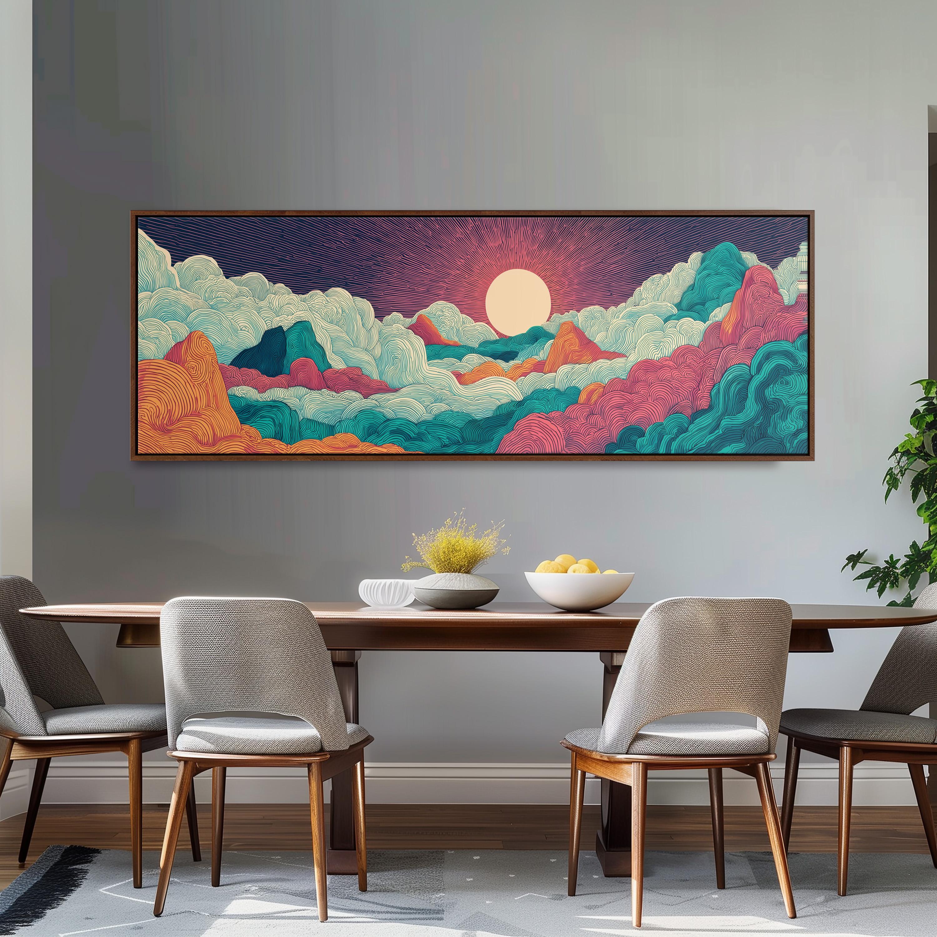 a large, colorful painting of a mountainous landscape hanging on a wall above a wooden dining table with four chairs.