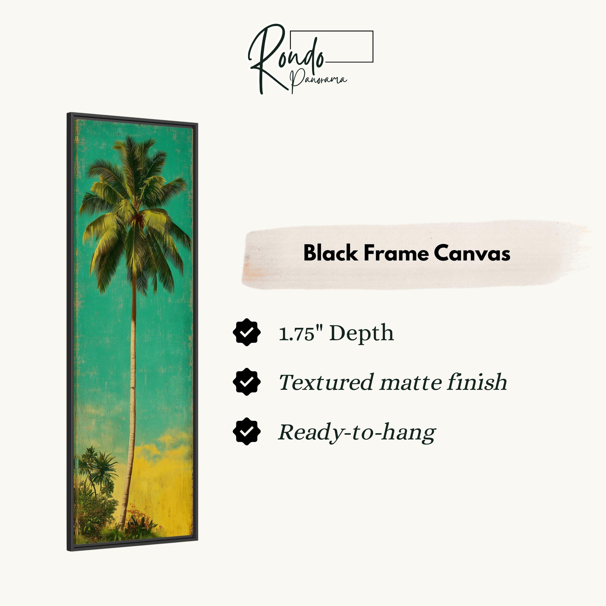 The image is a black frame canvas depicting a palm tree with a tropical background.
