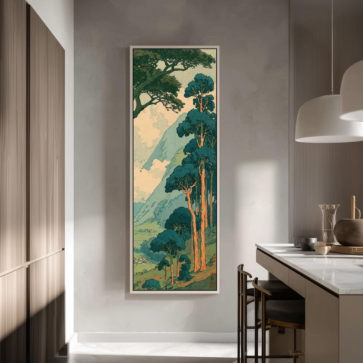 Pine trees above a misty valley in a woodblock style tall skinny canvas print in a modern kitchen