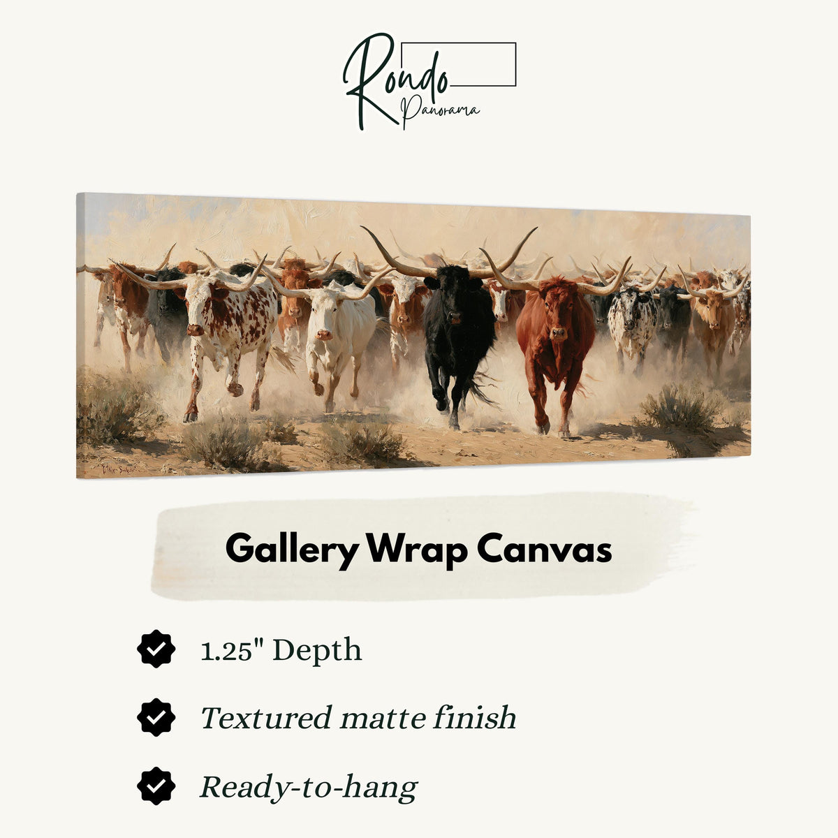 Longhorn cattle stampede gallery wrap canvas with the image wrapped around the edges