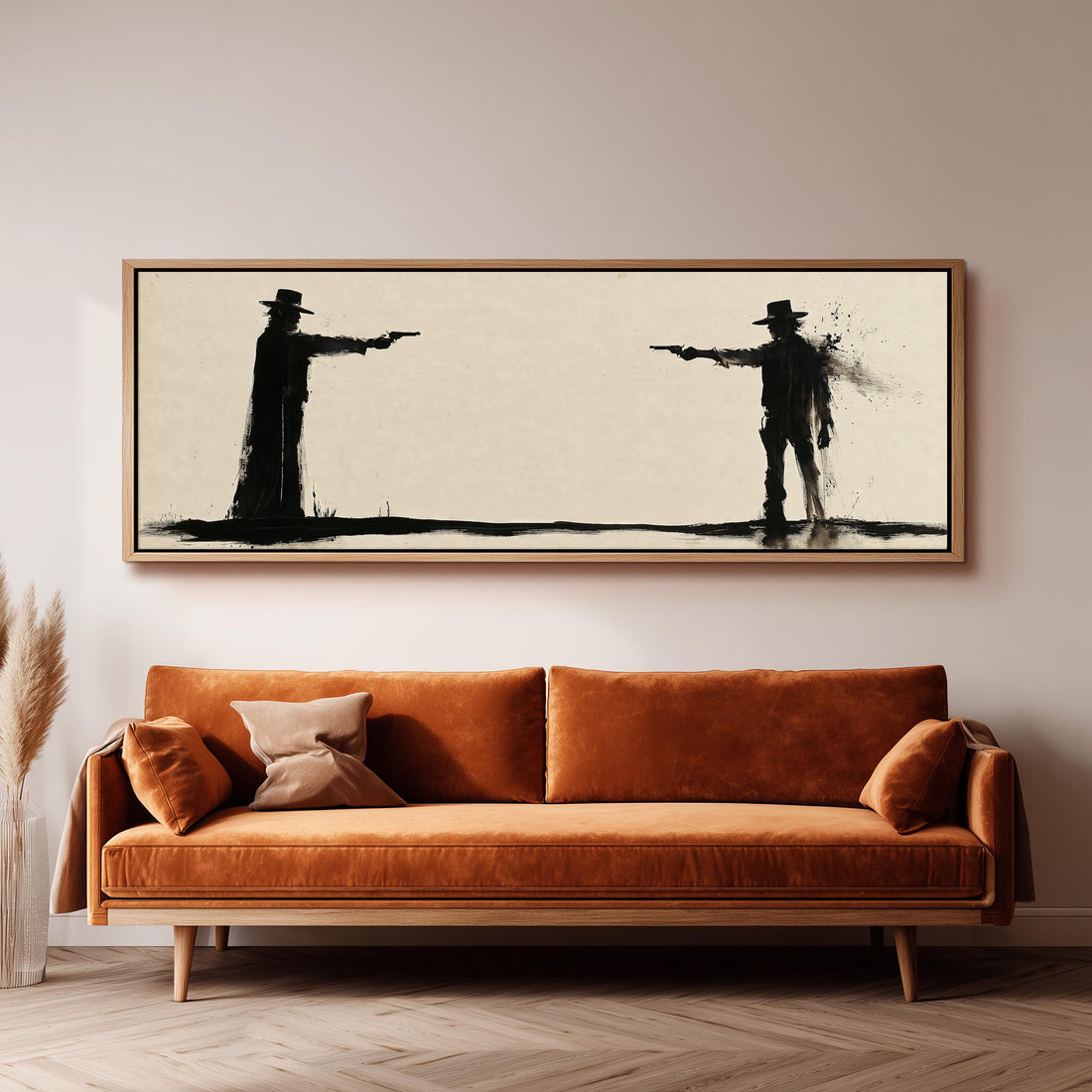 Ink silhouette of a cowboy duel long horizontal canvas print above a sofa in a living room