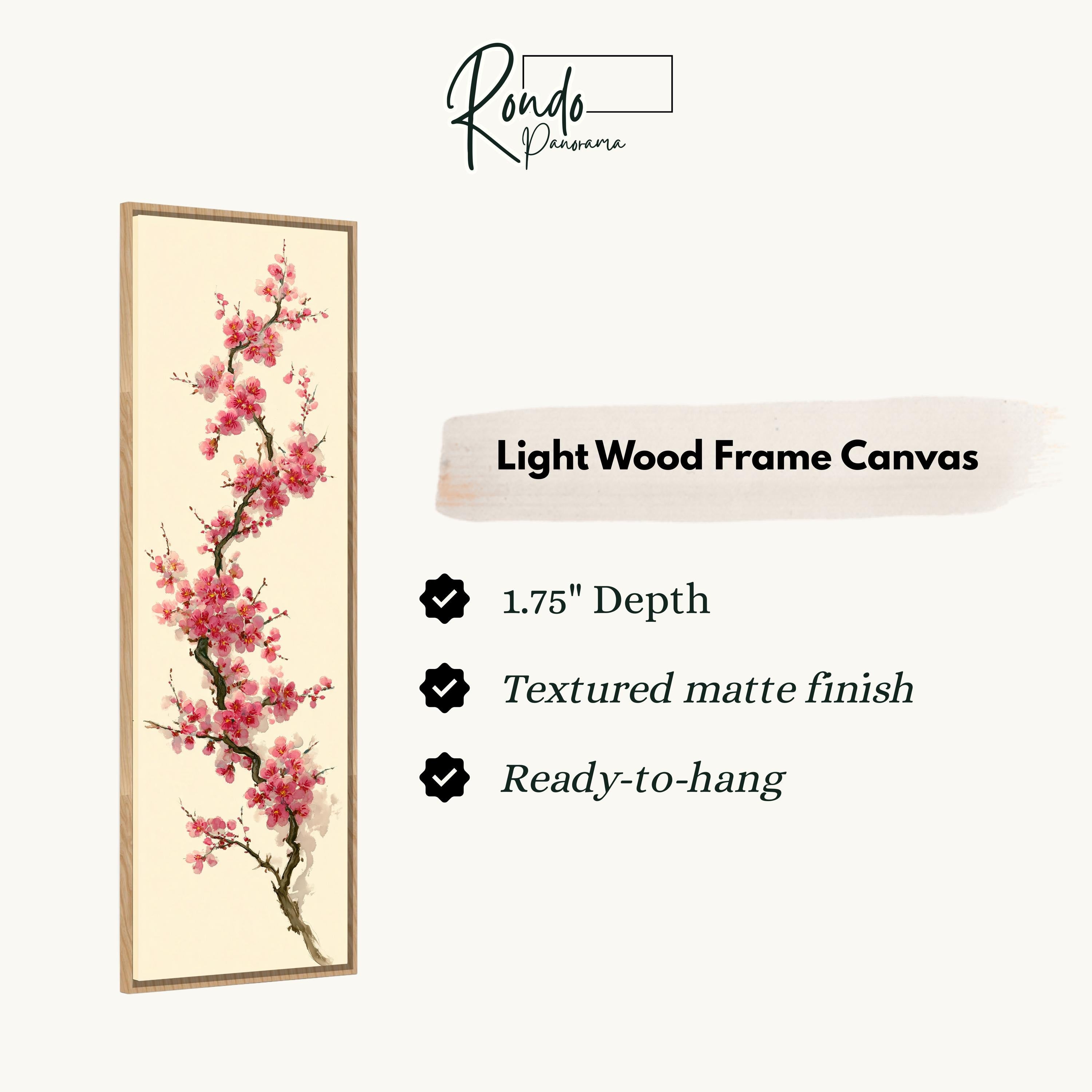 a light wood frame canvas with a vertical arrangement of pink flowers on a white background.