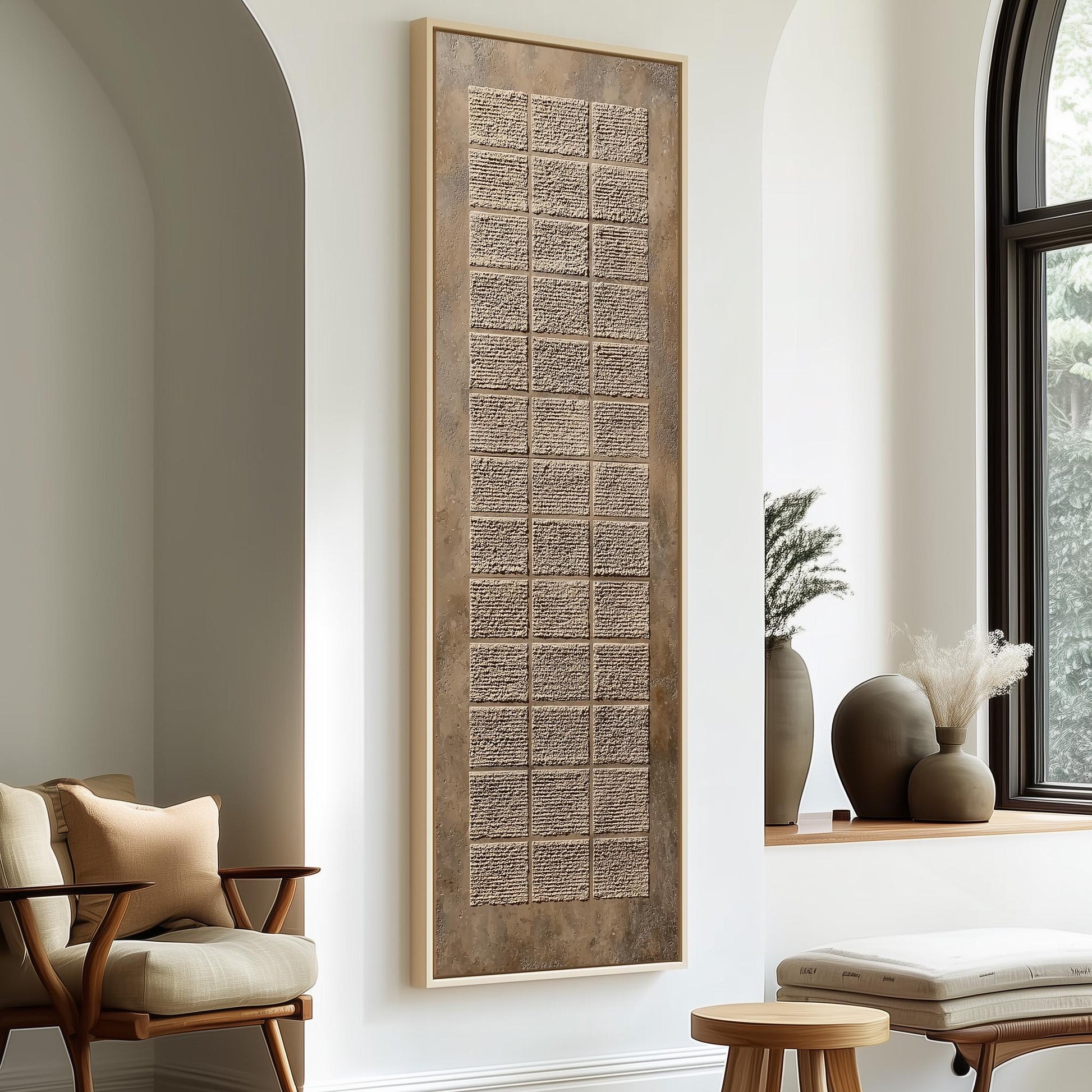 a modern living room with a large, rectangular wall art piece that has a textured, beige-colored design. The room is furnished with a wooden chair, a small table, and a window with a plant on the sill.