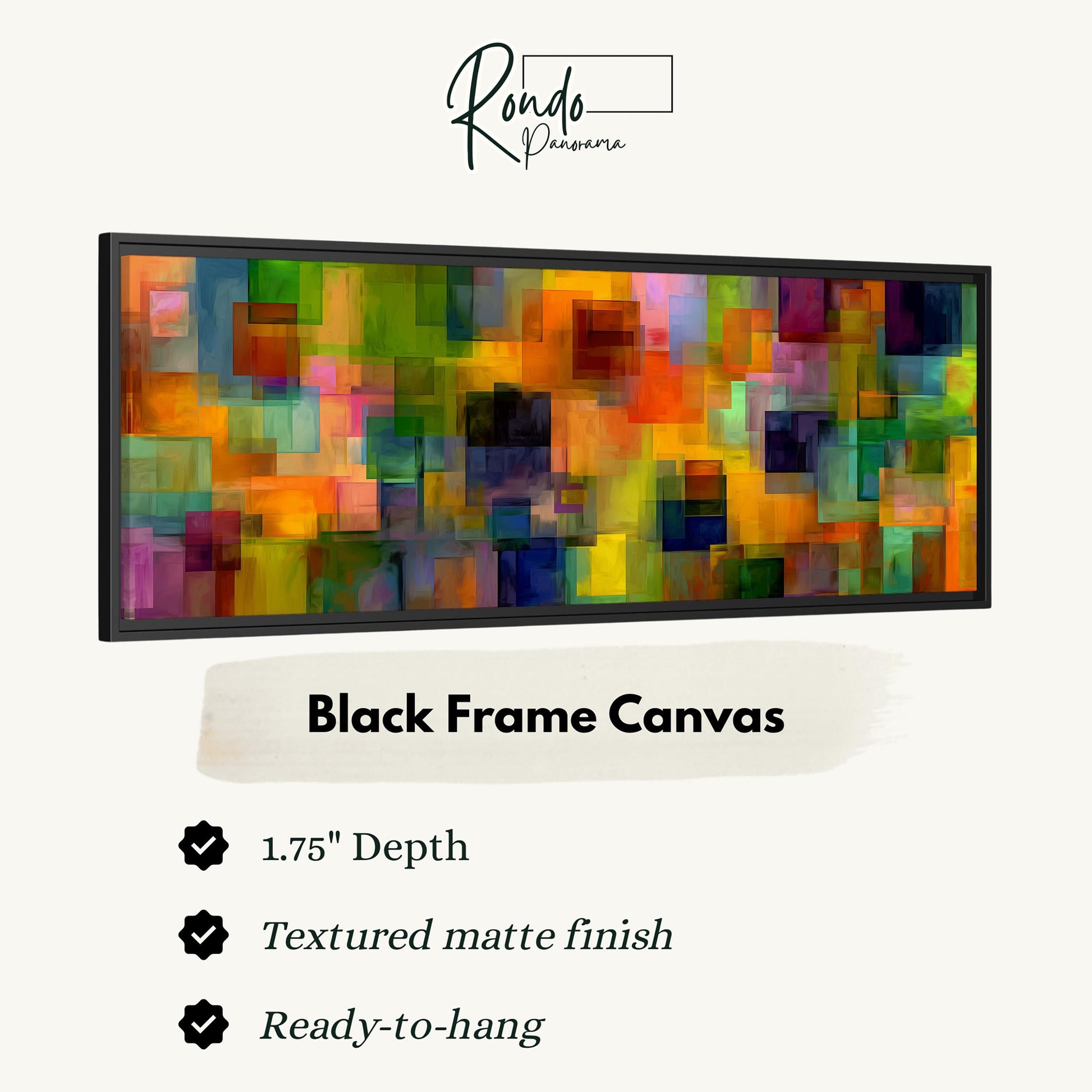 The image is a black frame canvas with a vibrant, abstract painting of squares and rectangles in various colors.