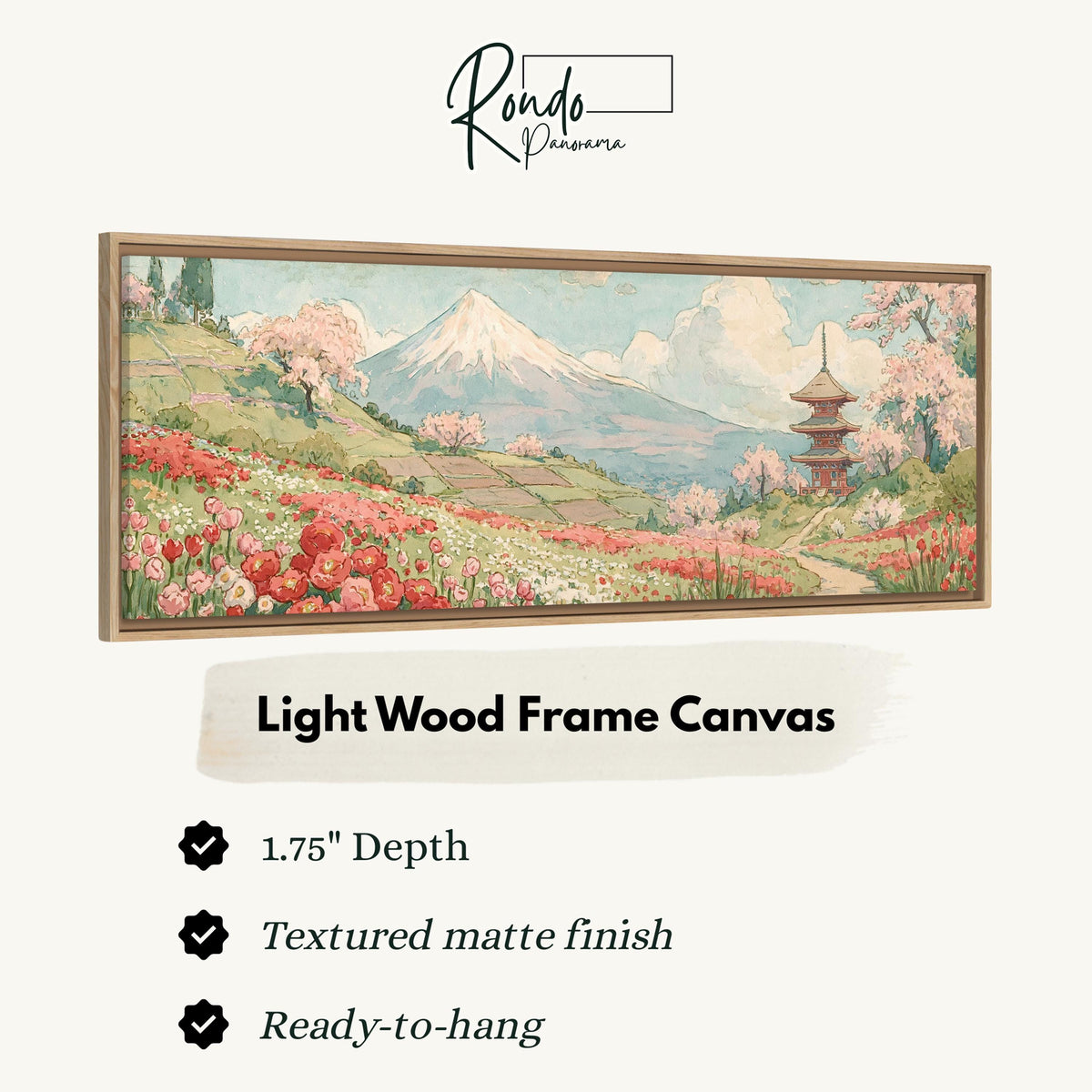 Mount Fuji with sakura and a pagoda canvas print in a light wood floating frame