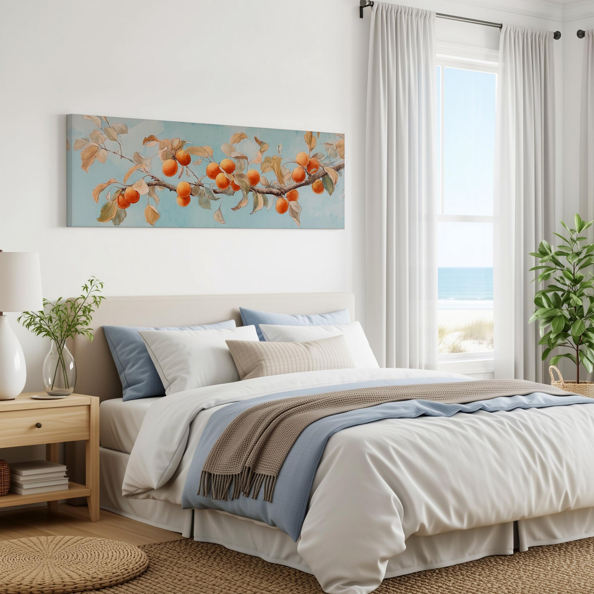a serene bedroom with a large bed, a nightstand, and a painting of an orange tree on the wall. The room has a calming color scheme and features a window overlooking the ocean.