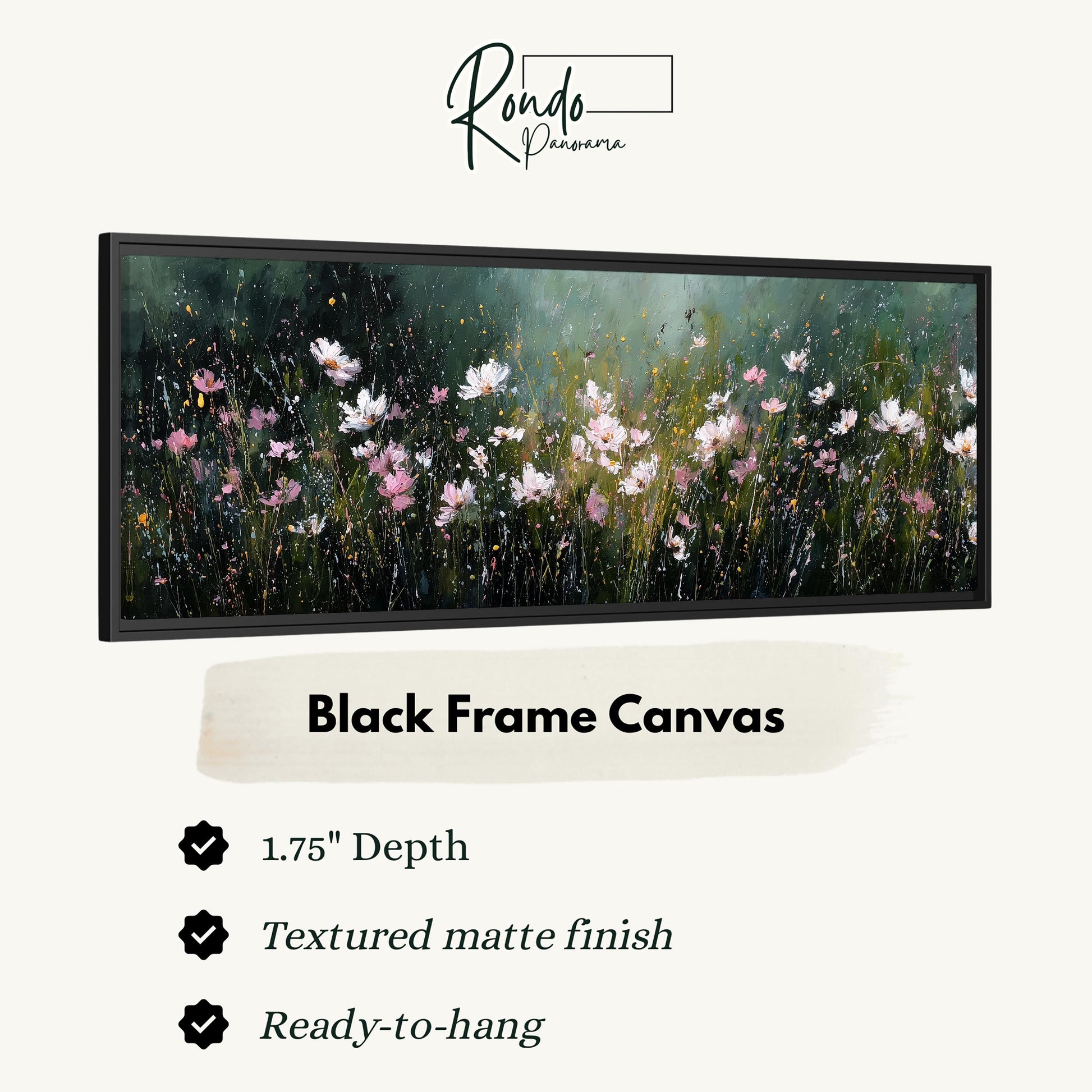 The image is a black frame canvas depicting a field of flowers with a textured matte finish.